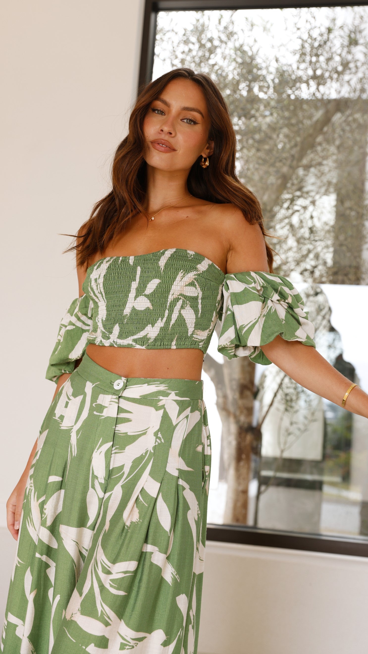 Callison Women's Green Print Crop Top and Pants Set - Stylish Matching Outfit for Casual Wear, Yoga, and Summer Fashion