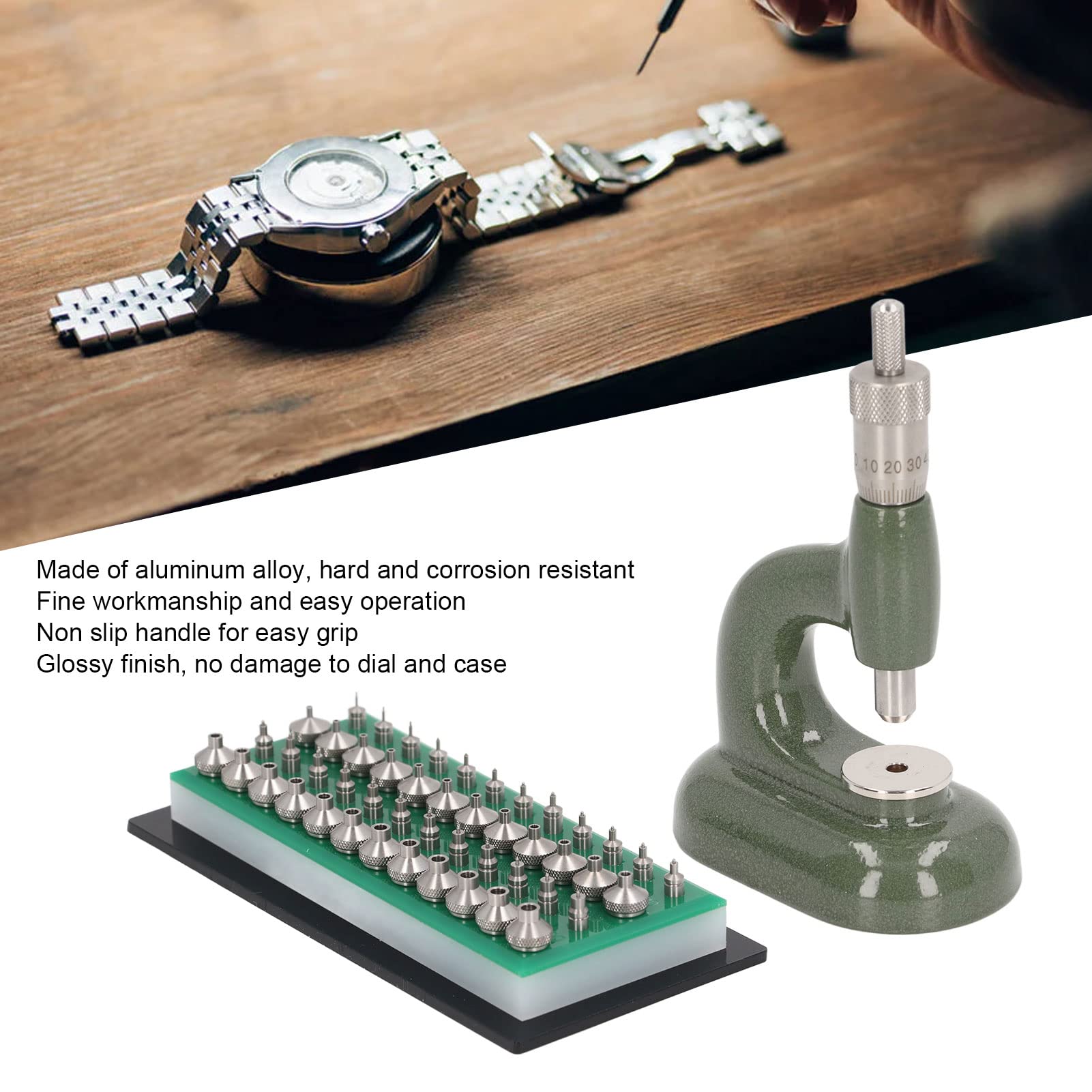ViaGasaFamido 48-Piece Professional Watch Repair Tool Kit - Watch Press, Case Opener & Back Closer Set with Aluminum Alloy Dies - Perfect for Watchmakers & Jewelers (Green Storage Box Included) - Ideal for Watch Battery Replacement & Maintenance