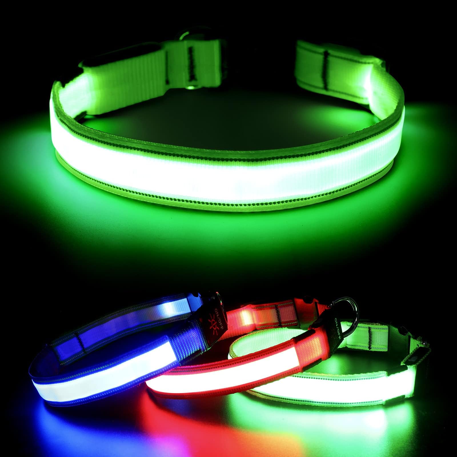 Visinite Rechargeable LED Dog Collar - Waterproof, Reflective Safety Collar with 3 Flashing Modes for Medium & Large Dogs | Green Glow Light for Night Walking, Jogging & Outdoor Adventures