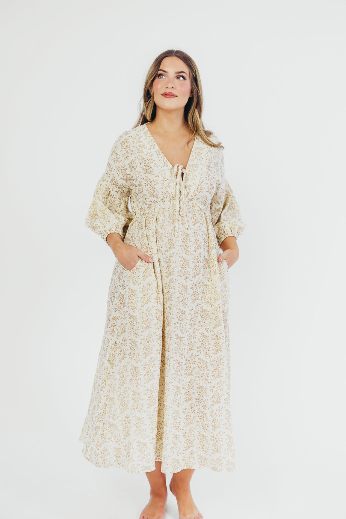 Hunter 100% Cotton Gauze Midi Dress - Breezy Floral Print in Natural/Tan | Bump Friendly & Inclusive Sizing | Perfect for Maternity Wear, Beach Vacations & Summer Outings