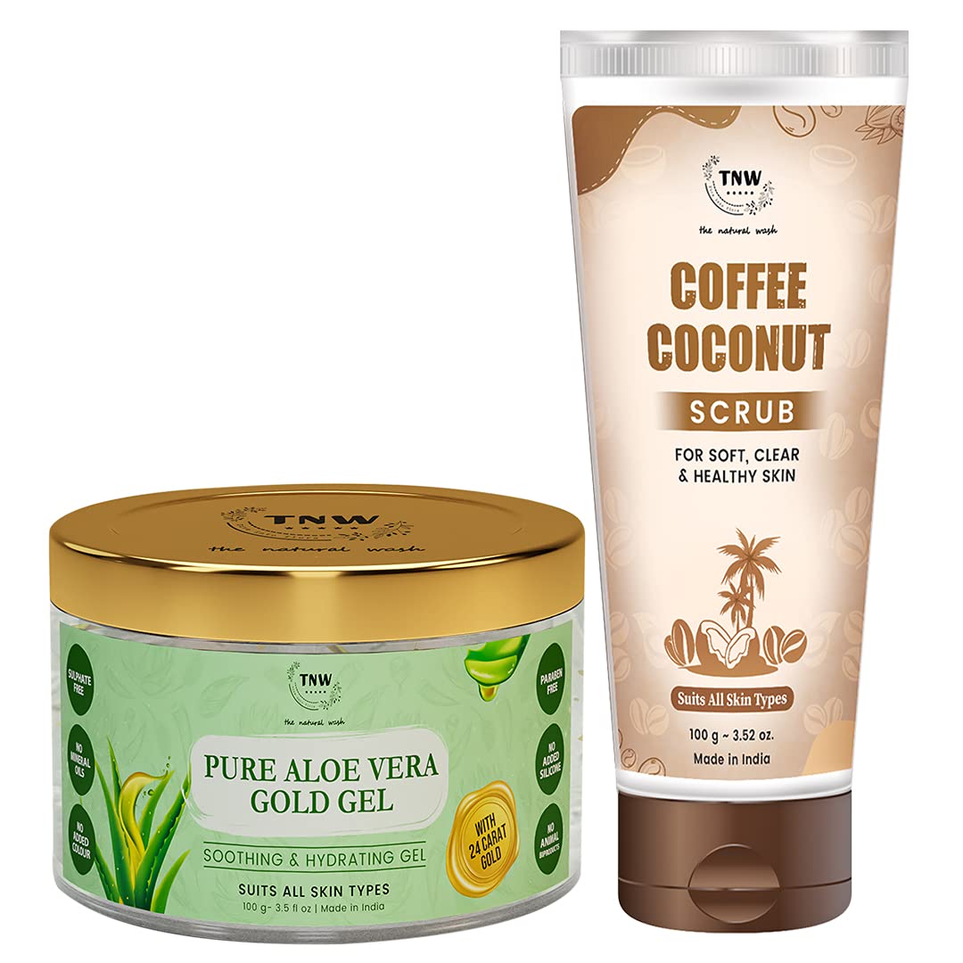 TNW-The Natural Wash Face & Body Scrub with Pure Aloe Vera & 24K Gold - Coffee Coconut Exfoliator & Hydrating Aloe Gel (200ml) | Multipurpose Skincare for Dry Skin, Acne Treatment & Sunburn Relief | Perfect for Spa Day & Post-Workout Refreshment