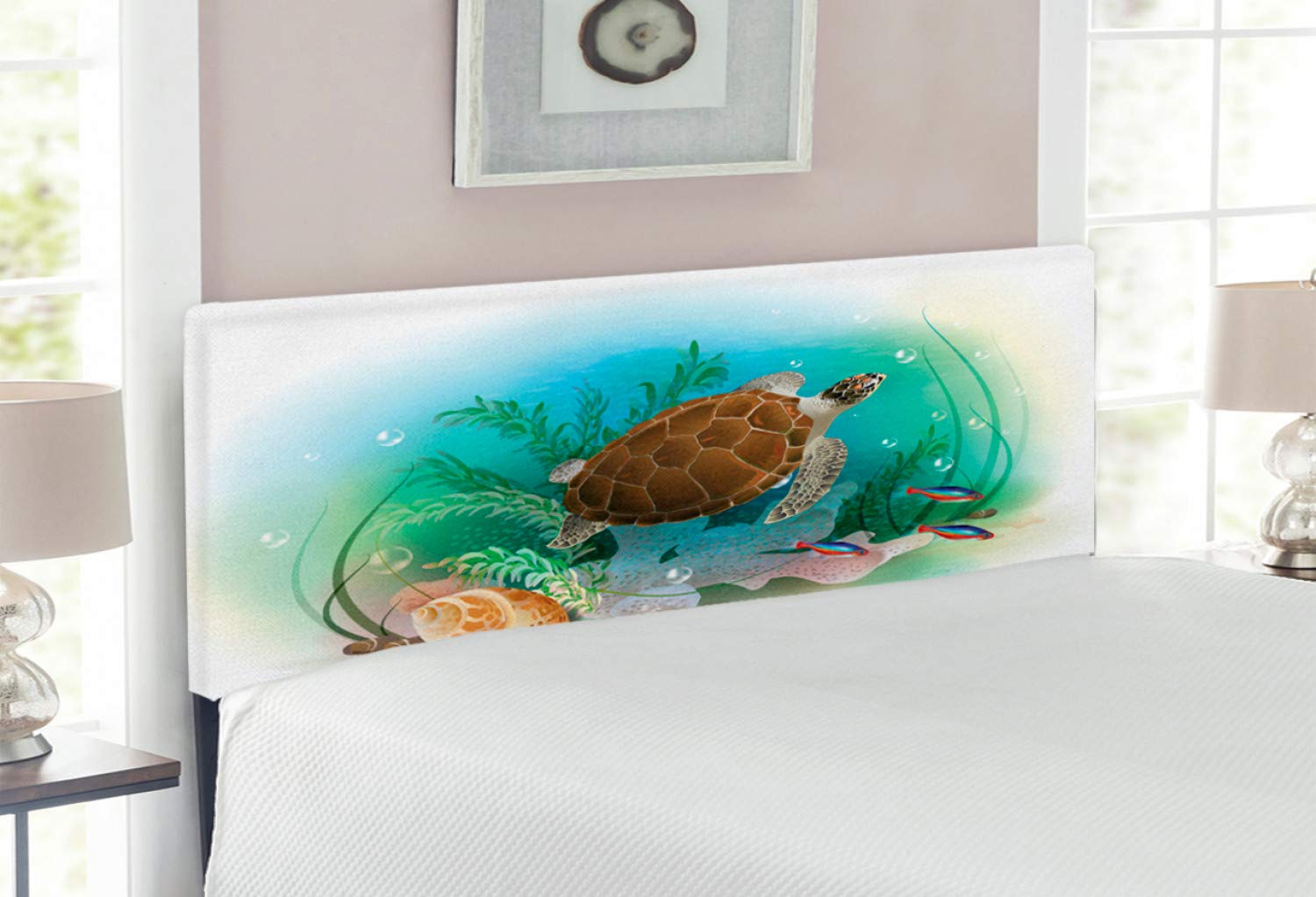 Ambesonne Ocean Themed Headboard - Full Size Upholstered Metal Bed Headboard with Memory Foam, Sea Turtle Tropical Underwater World Aquarium Print in Green & Brown | Perfect for Beach House, Kids Room & Coastal Decor
