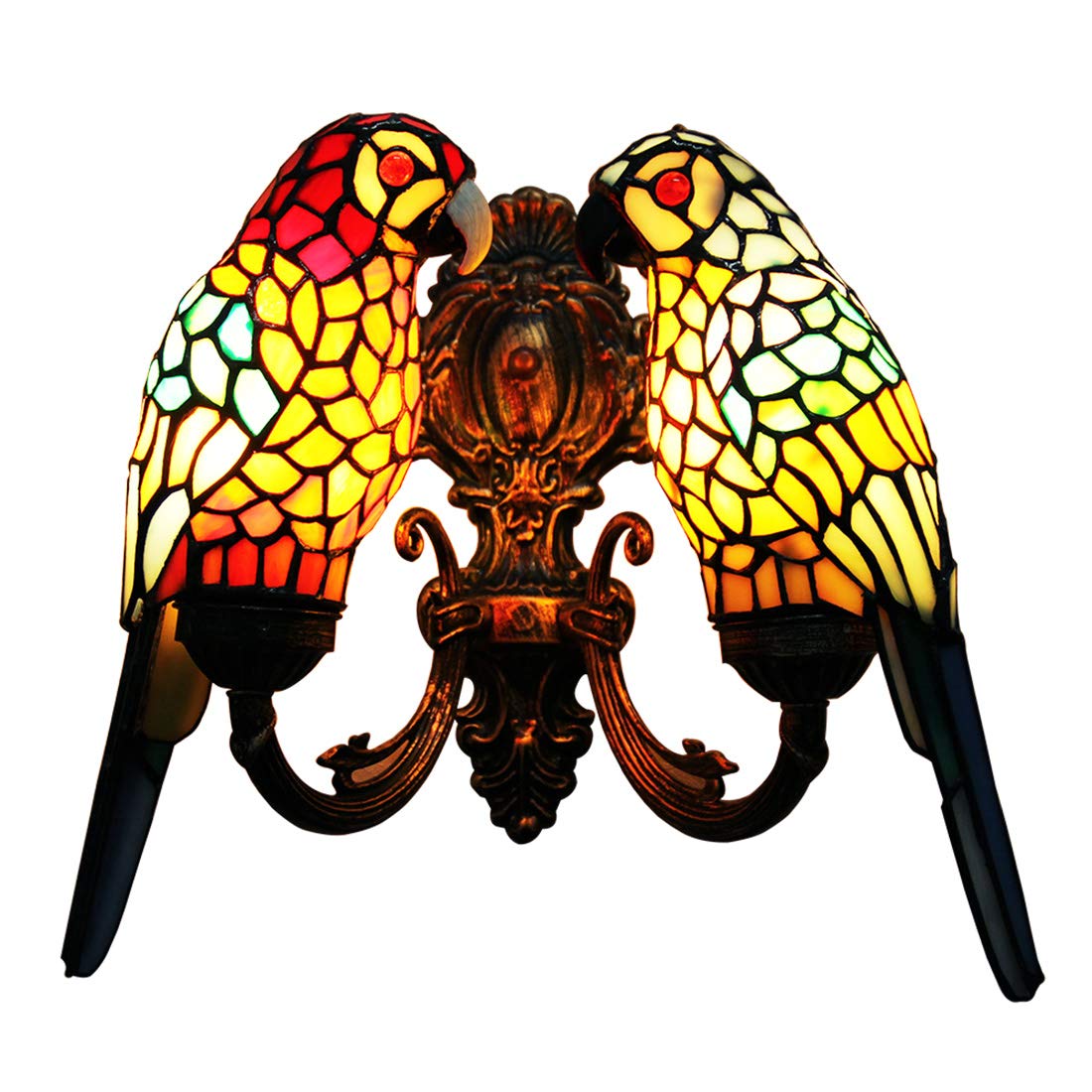Vintage Tiffany Style Stained Glass Wall Sconce Light Fixture - Antique Bronze Finish with Parrot Design (Red & Blue) for Bar, Cafe, Studio & Home Decor | Perfect for Ambient Lighting in Living Rooms, Bedrooms & Restaurants
