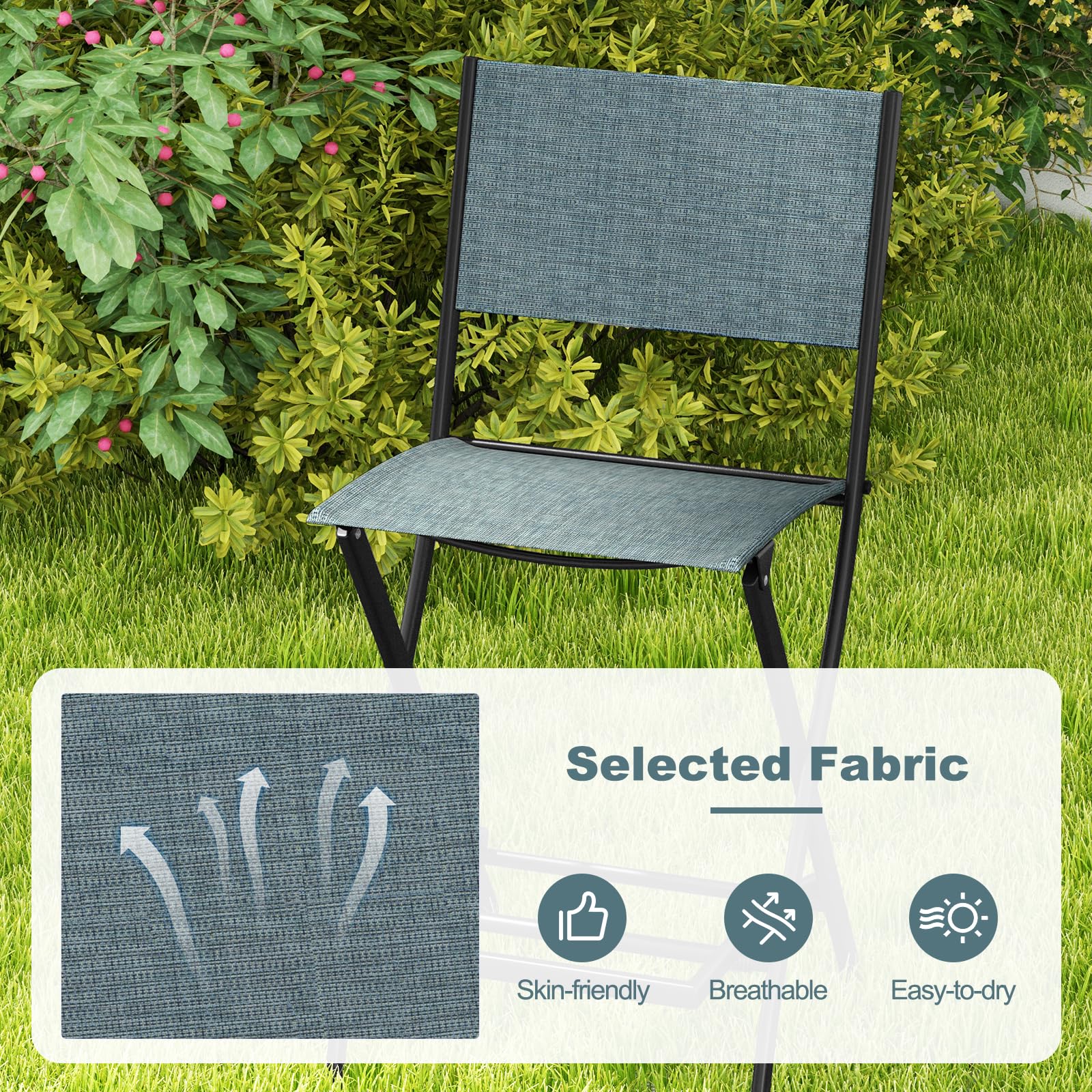 Giantex Set of 2 Folding Outdoor Bar Chairs - Counter Height Patio Stools with Backrest & Footrest, All-Weather Metal Frame for Porch, Deck, Garden - Light Blue | Perfect for Backyard BBQs, Poolside Lounging & Outdoor Entertaining