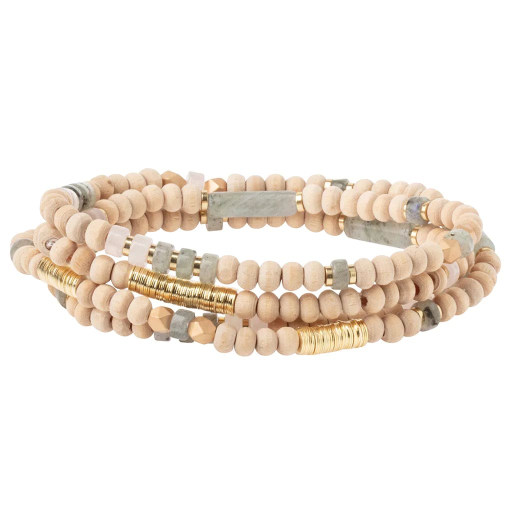 Natural Labradorite & Gold Wood Wrap Bracelet – Handmade Boho Jewelry for Women, Men – Perfect for Yoga, Meditation & Spiritual Healing