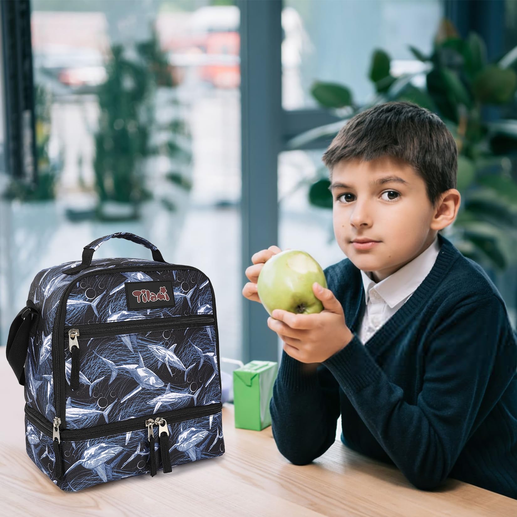 Tilami Insulated Lunch Bag with Adjustable Strap & Zipper - Water-Resistant Cooler Lunch Box for Kids & Toddlers (Shark Design) - Perfect for School, Picnics & Outdoor Activities