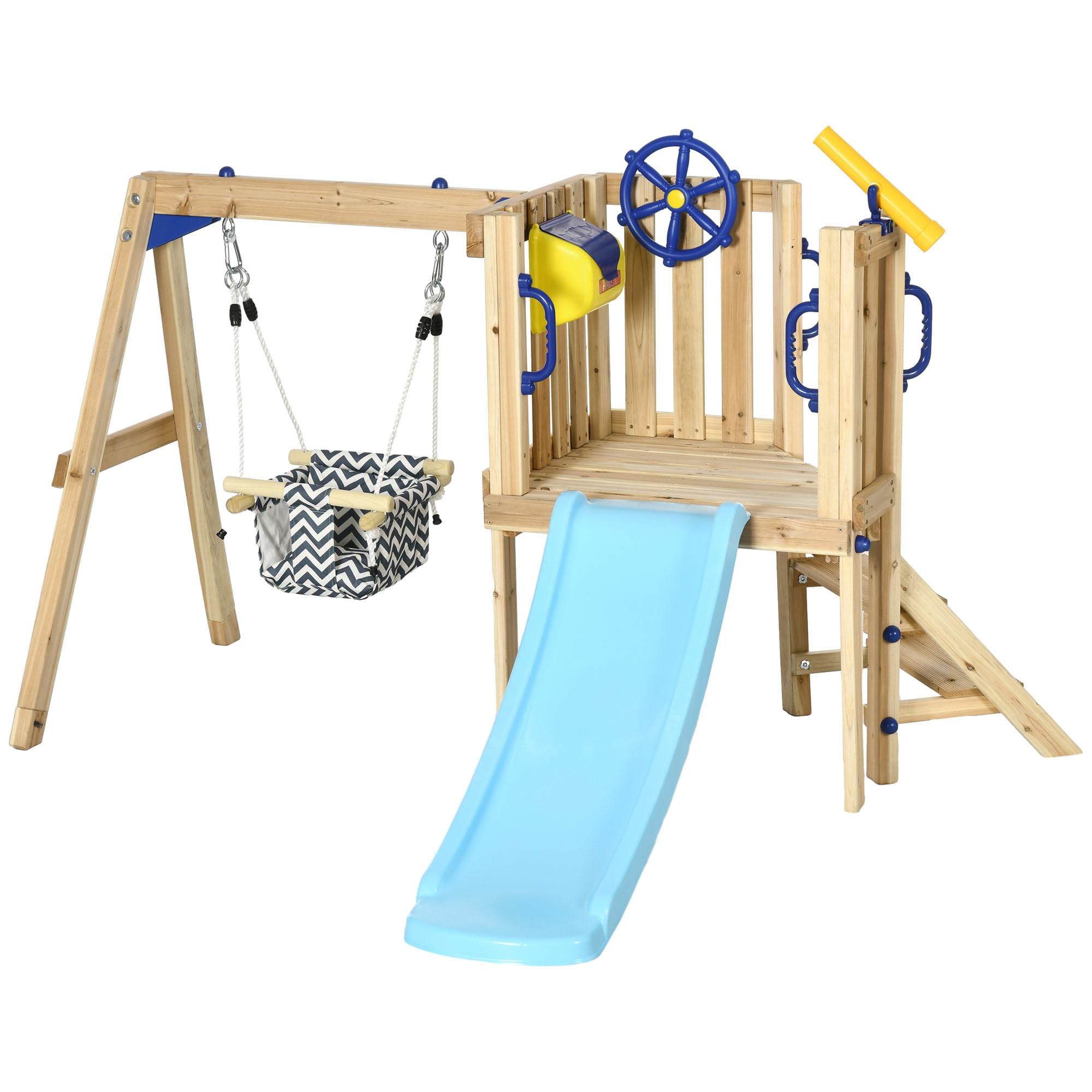 Outsunny 3-in-1 Wooden Swing Set for Toddlers - Outdoor Playset with Baby Swing Seat, Slide, Captain's Wheel & Telescope | Backyard Playground Equipment for Kids Ages 1.5-4 | Perfect for Garden, Park & Outdoor Family Fun