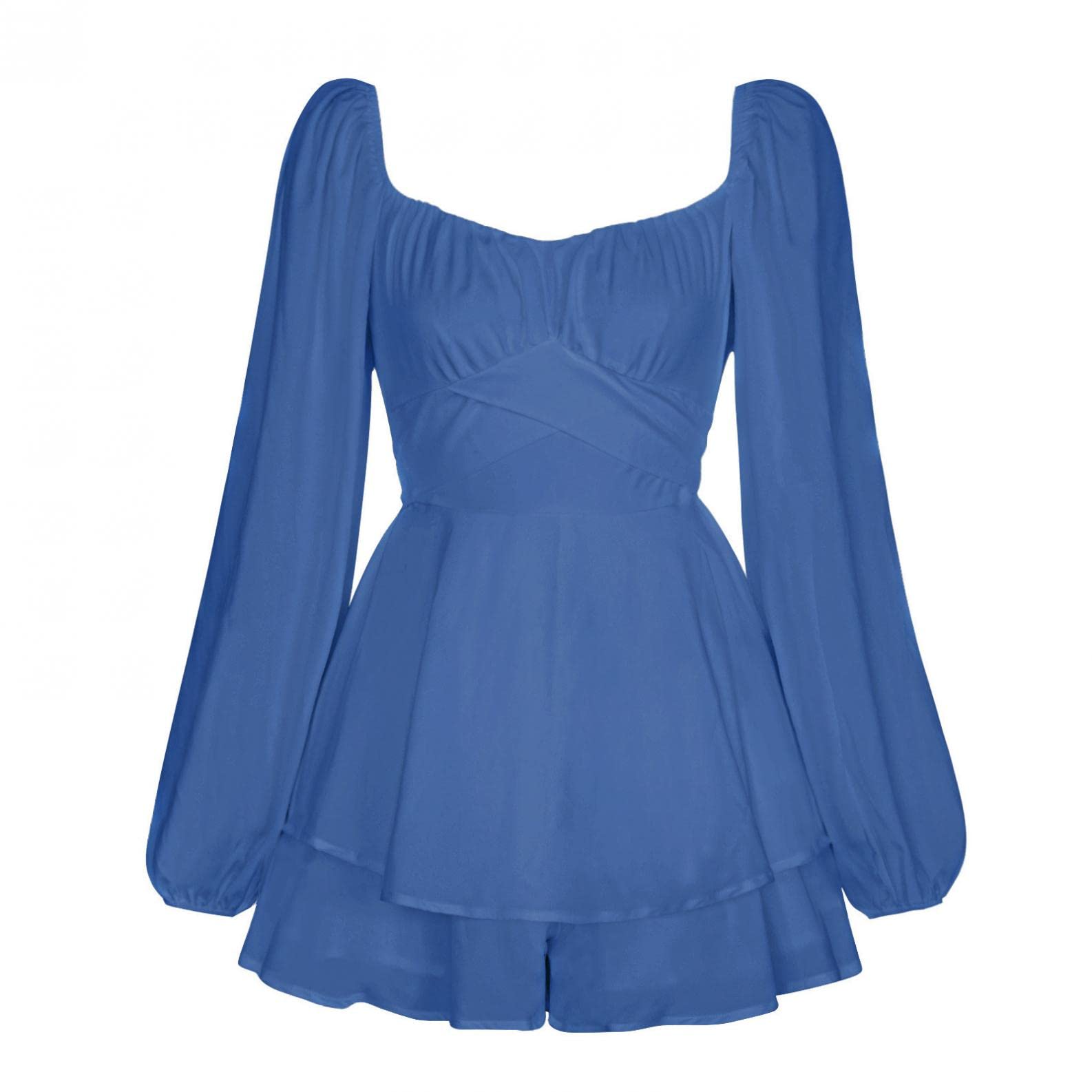 Women's Autumn Casual Dress with Lantern Sleeves & Flounced Edge - Long Sleeve Blue Dress for Everyday Wear, Office & Date Nights