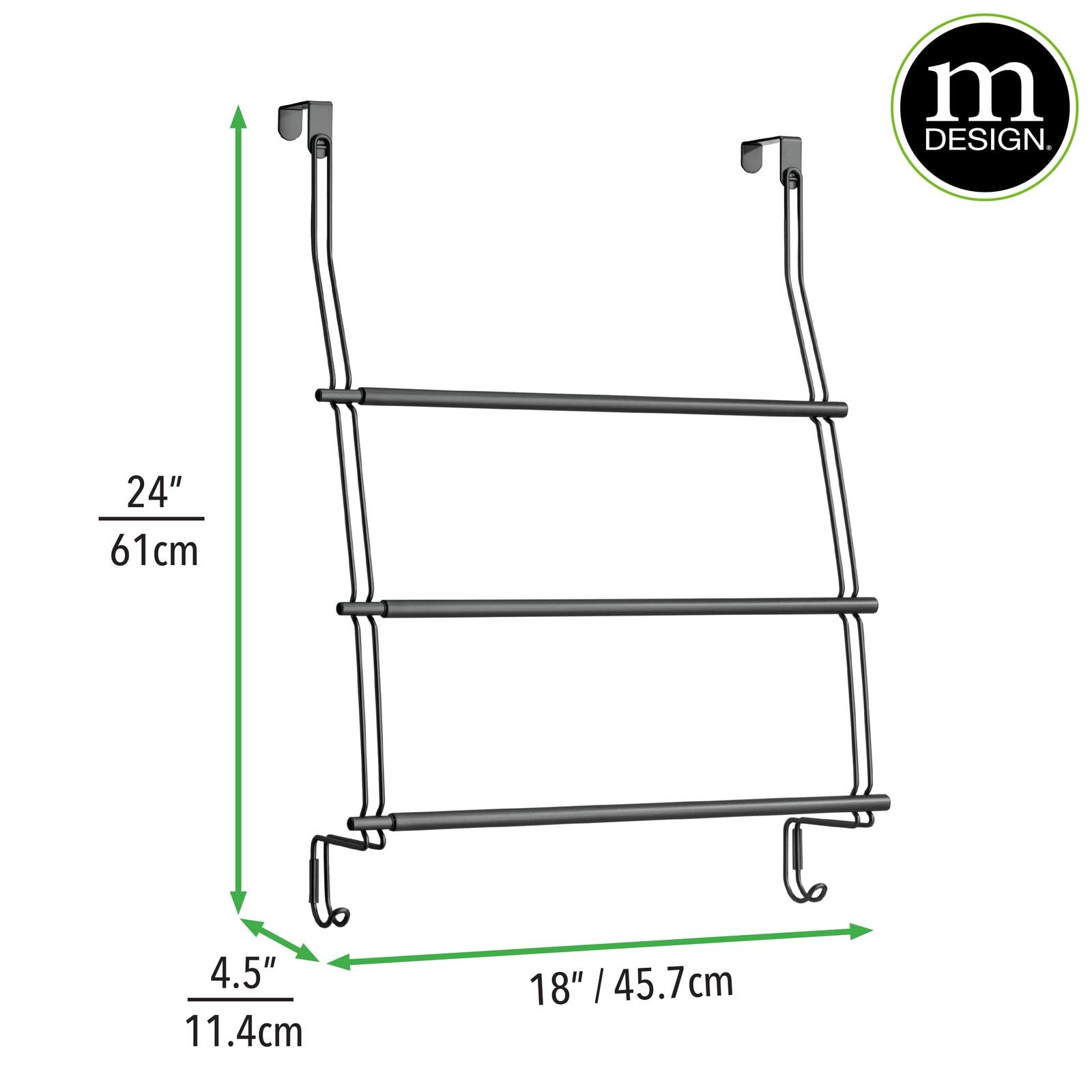 mDesign Expandable 3-Tier Metal Shower Door Towel Rack with 2 Large Hooks - Bathroom Organizer for Hand Towels, Bath Towels, Washcloths, Loofahs & Sponges - Trinity Collection in Matte Black - Perfect for Small Bathrooms, Showers & Space-Saving Storage