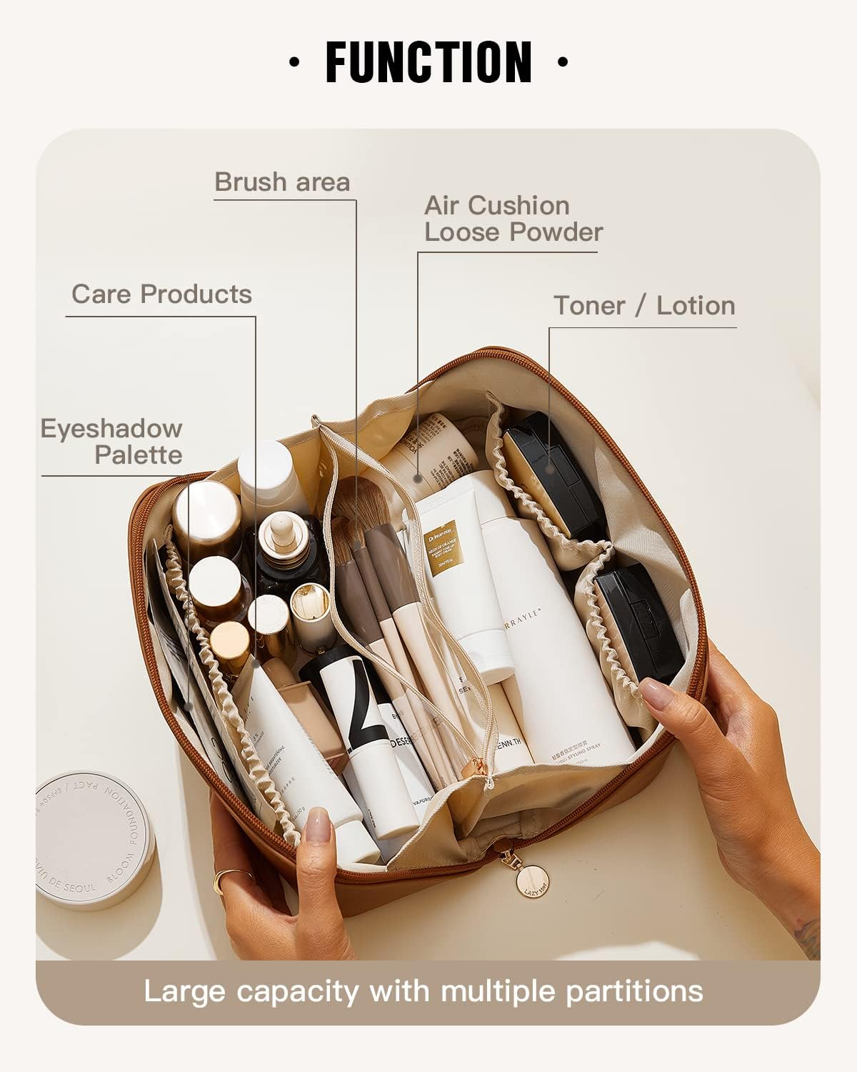 ABTRIX WITH AB Travel Makeup Bag - Large Waterproof Cosmetic Organizer for Women with Dividers & Handle, Multi-Color Toiletry Pouch (Brown) | Perfect for Travel, Gym & Daily Makeup Storage