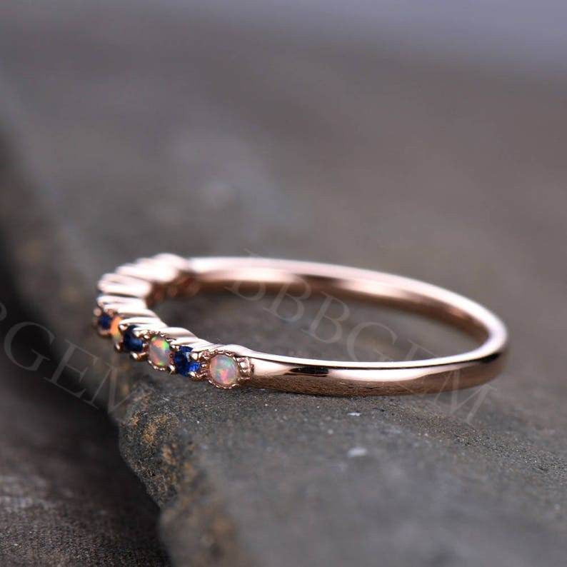 Dainty Round Cut Opal & Sapphire Wedding Band - Milgrain Detailing in Rose Gold - Perfect for Engagement, Anniversary & Bridal Jewelry Gifts