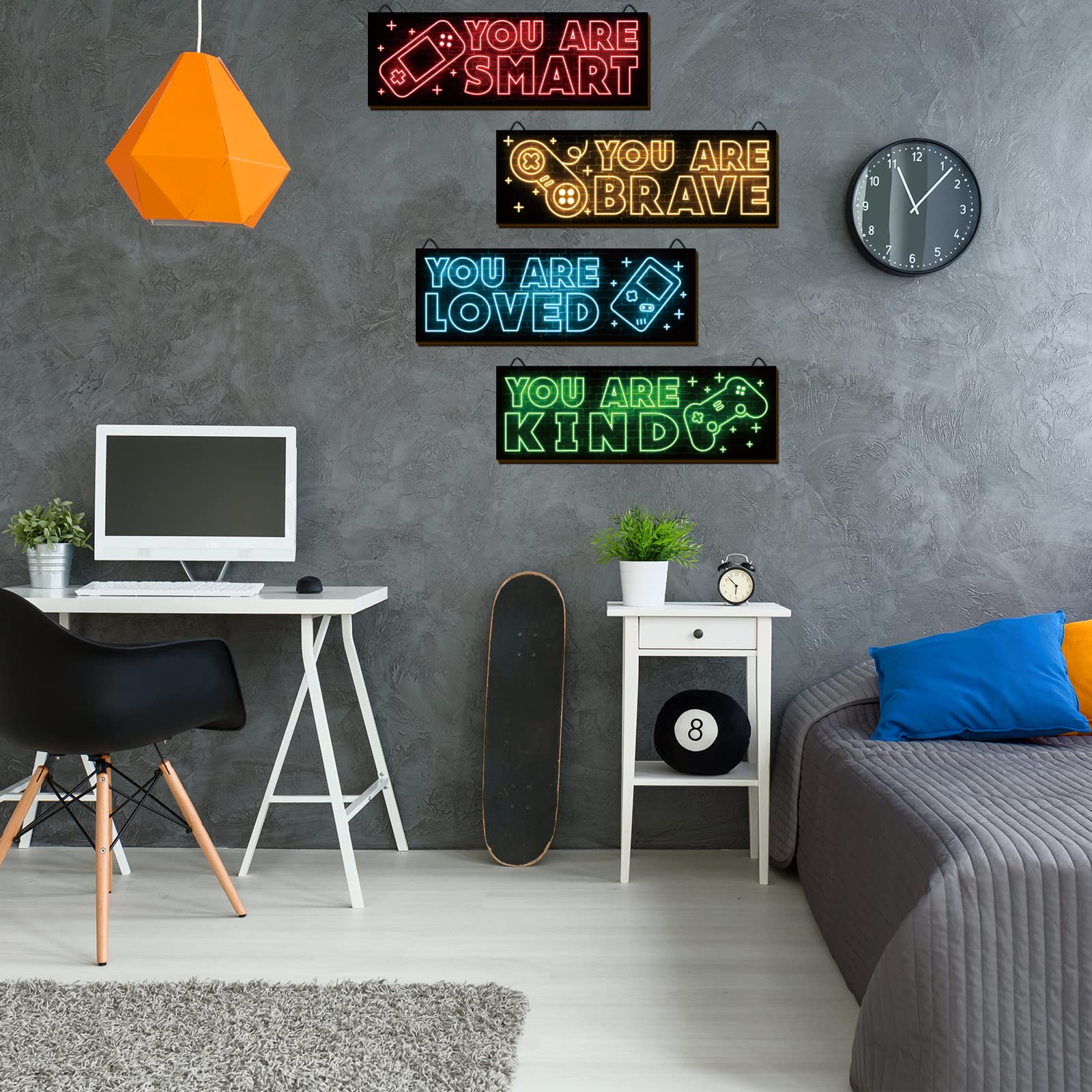 YLOLUL 4-Piece Neon Game Art Prints - Wood Wall Decor for Boys Room & Gamer Themed Bedroom - Inspirational Quote Wall Art - Modern Home Decor (12x4 Inches, Red) - Perfect for Gaming Rooms, Teen Bedrooms & Man Cave Decor