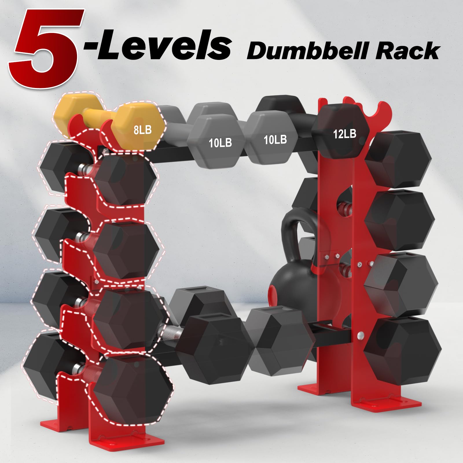 Dumbbell Rack Stand - 5-Tier 450LBS Capacity Weight Storage Organizer for Home Gym (Red & Black) | Holds 8-30 LBS Dumbbells | Perfect for Strength Training & Compact Home Workout Spaces