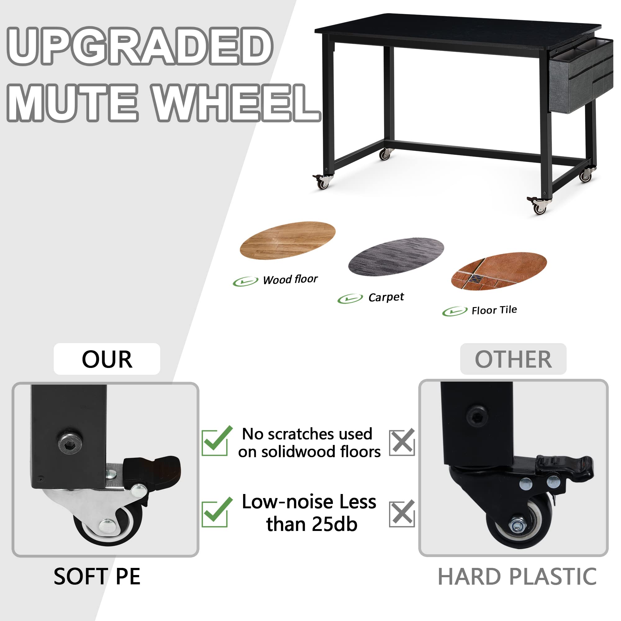 AHB 47-Inch Rolling Computer Desk with 4 Smooth Wheels - Mobile Writing Desk for Home Office & Study - Sturdy Metal Frame Workstation for Small Spaces & Dorm Rooms