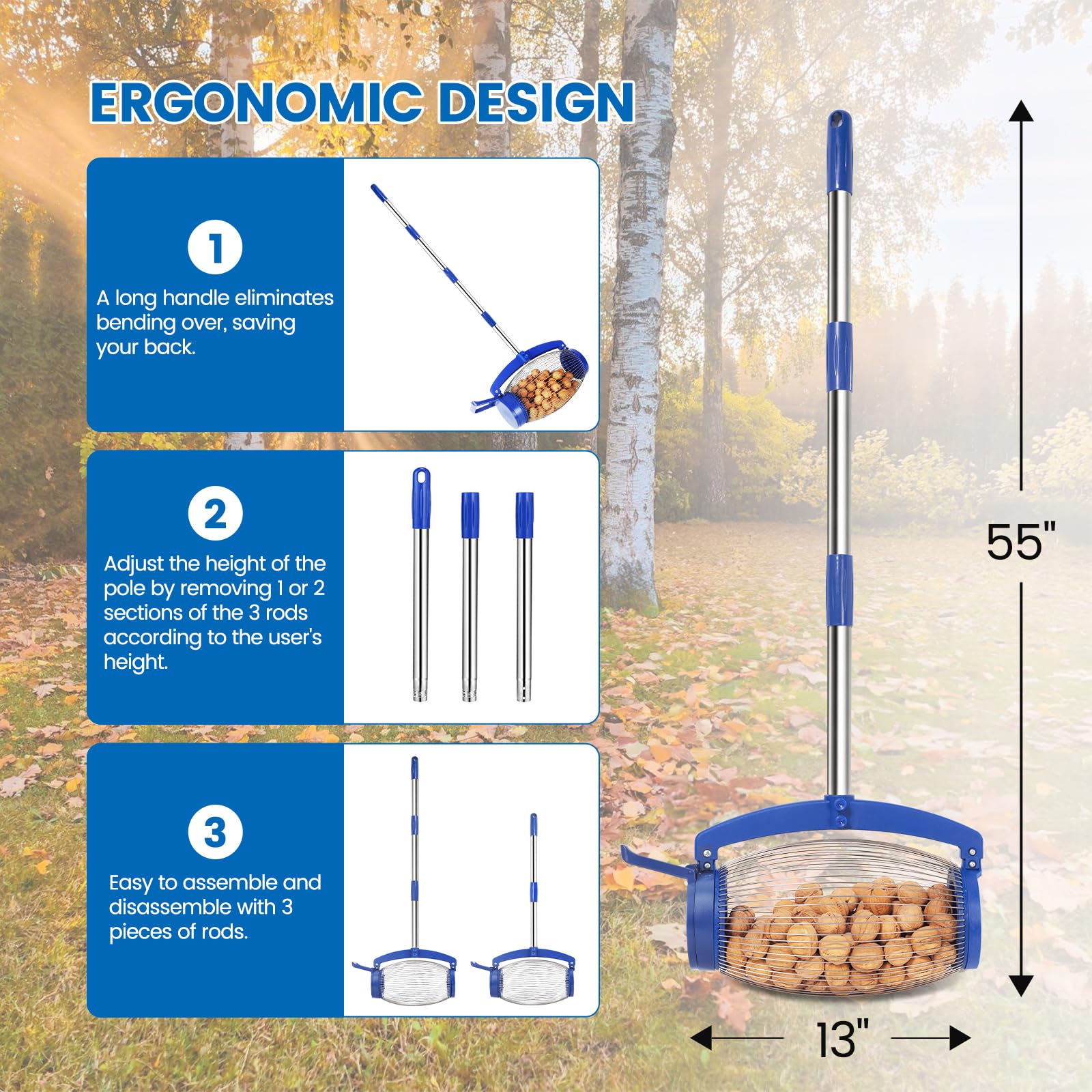 Large Nut Gatherer Roller - Walnut & Pinecone Picker Upper Tool for Gardens (1'' to 2.5'' Size) | Collects Sweet Gumballs, Golf & Tennis Balls | Perfect for Yard Cleanup, Harvesting Nuts & Outdoor Activities