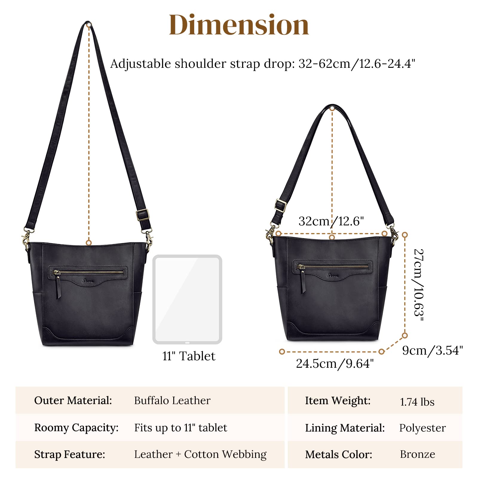 S-ZONE Genuine Leather Tote Bag for Women - Stylish Shoulder Handbag & Crossbody Bucket Purse Set - Perfect for Work, Travel and Daily Use