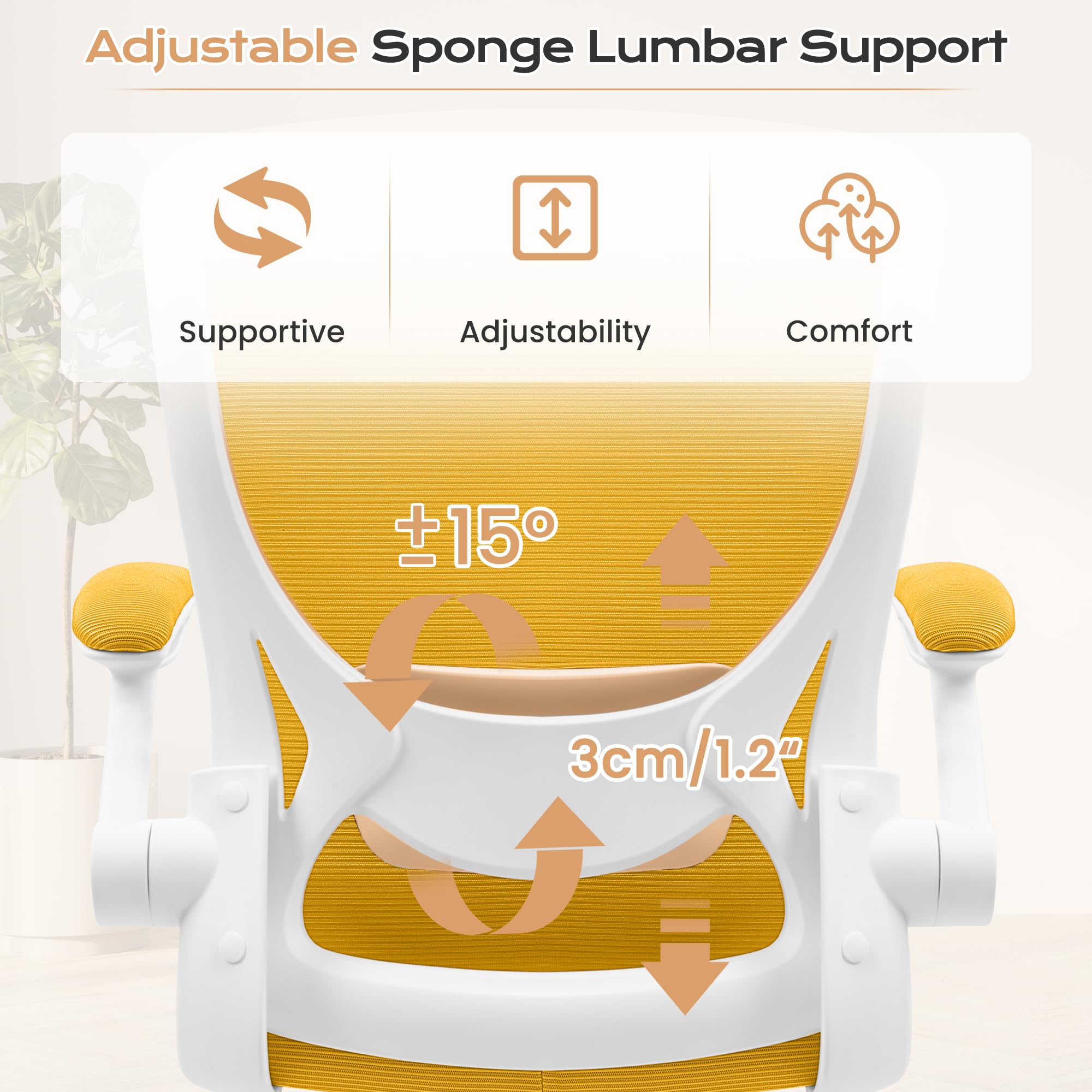 KERDOM Ergonomic Office Chair - Breathable Mesh Computer Desk Chair with Lumbar Support, Wheels & Flip-Up Arms - Adjustable Height Swivel Task Chair for Home Office & Gaming (Yellow) - Perfect for Long Work Sessions, Online Classes & PC Gaming