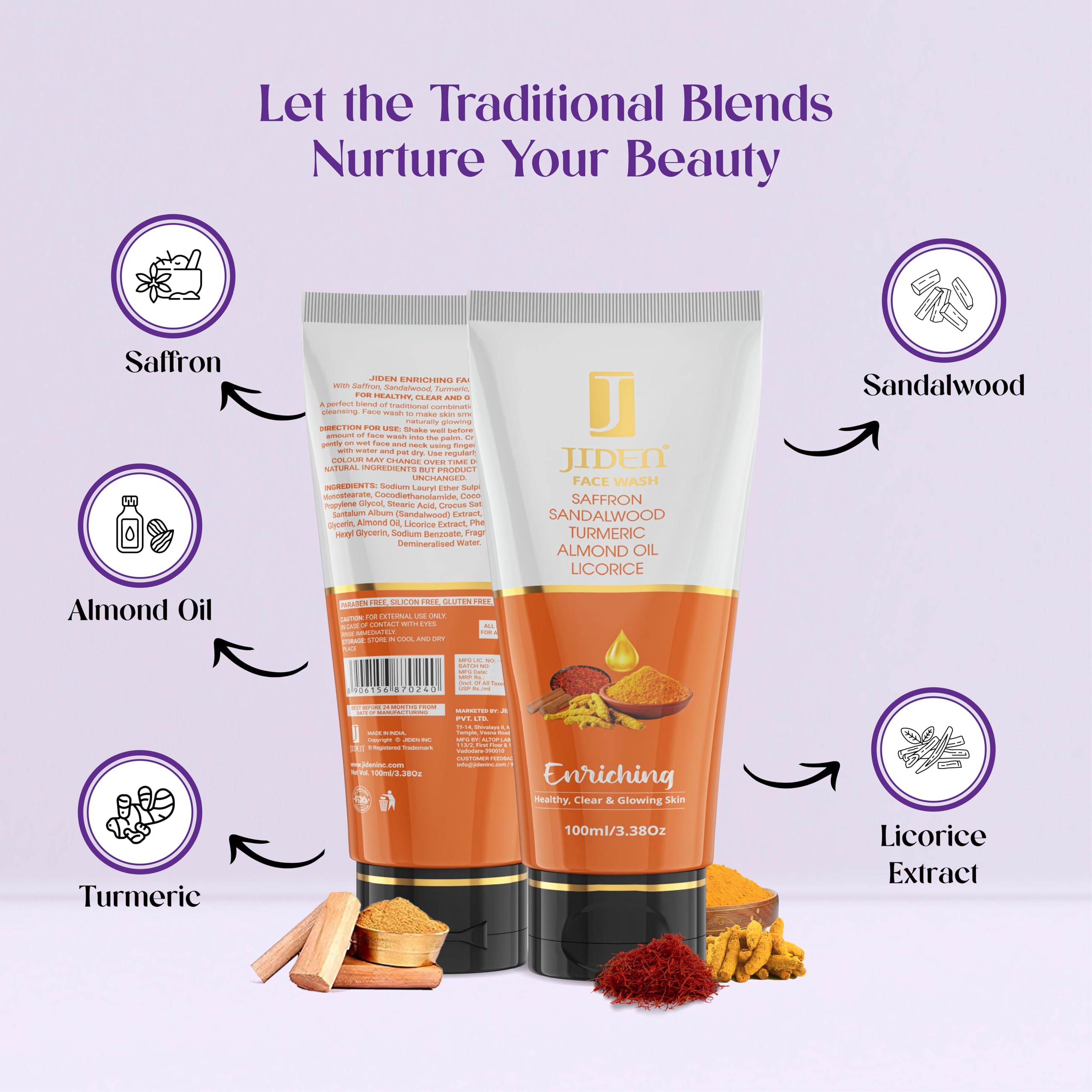 JIDEN Enriching Face Wash 100ml - Deep Cleansing with Vitamin E, Saffron, Sandalwood & Turmeric for Healthy Glowing Skin | Men & Women | All Skin Types | Daily Skincare & Acne Treatment