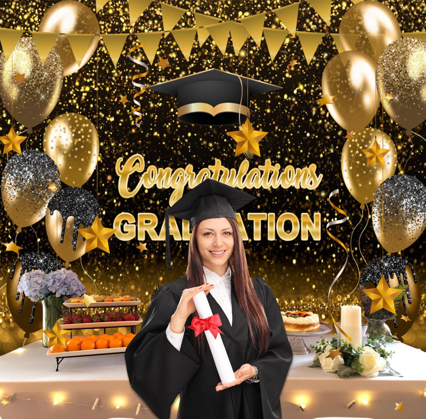 2024 Graduation Backdrop - Black Gold Glitter Balloon Background for Grad Party, Prom & Ceremony | Class of 2024 Congrats Grad Vinyl Photography Backdrop 10x8ft | Perfect for Graduation Photos, Portrait Sessions & Celebration Decor