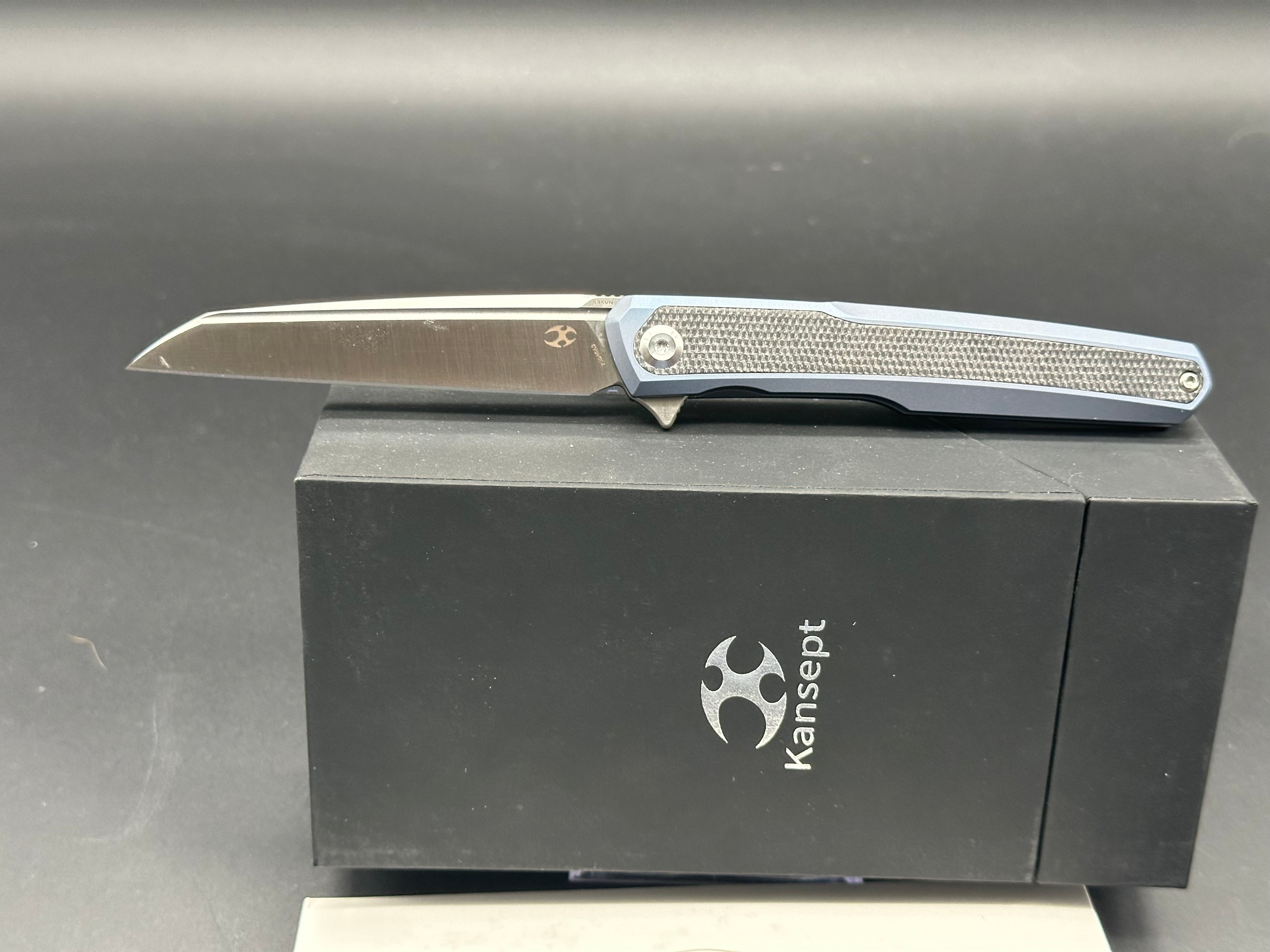 Kansept Arcus Frame Lock Folding Knife - Blue Titanium & Black Micarta Handle, 3.4
