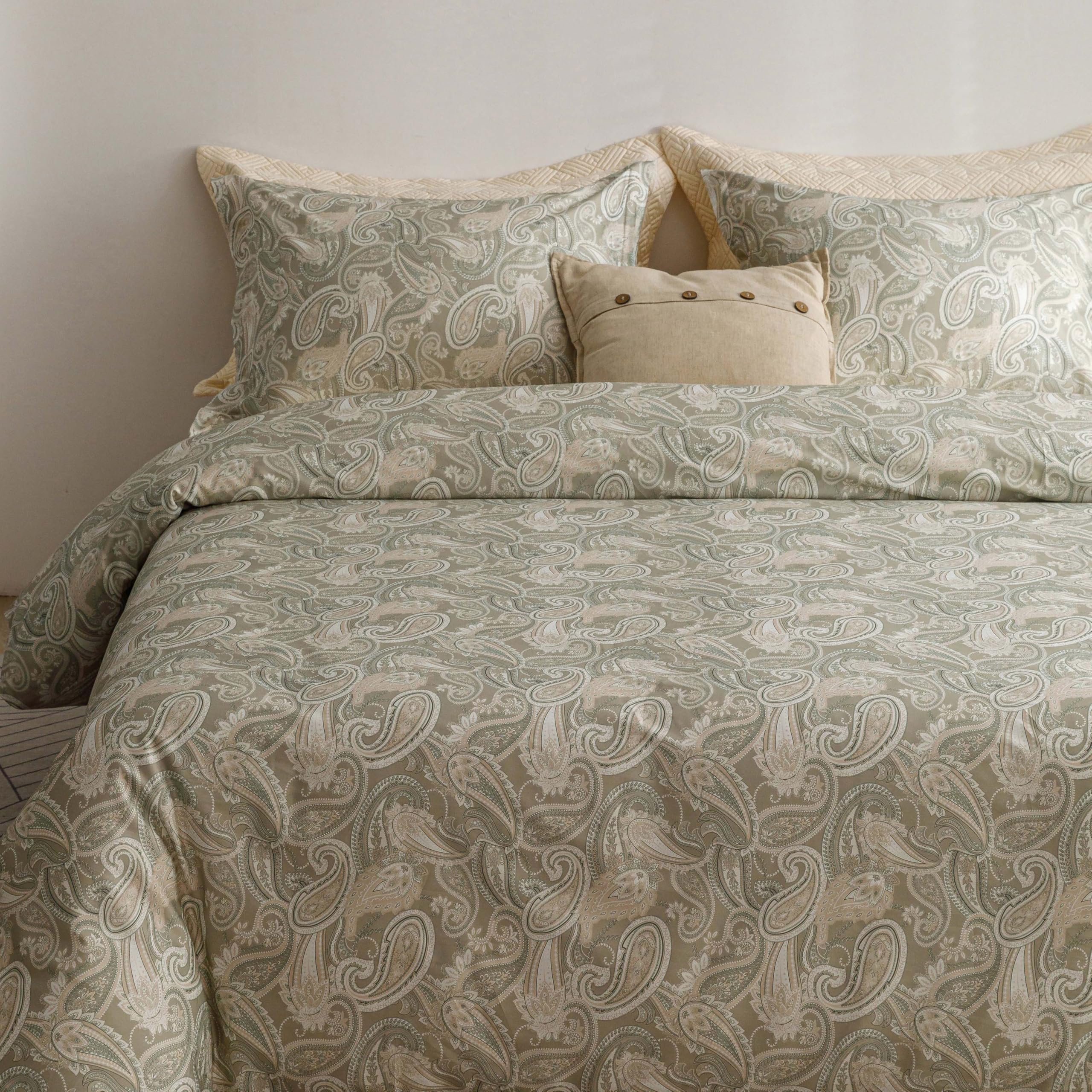 Premium Egyptian Cotton Duvet Cover King Size - 100% Long Staple Sateen Weave, Silky Soft Bohemian Style with Zipper Closure, Paisley Pattern 3-Piece Set (104