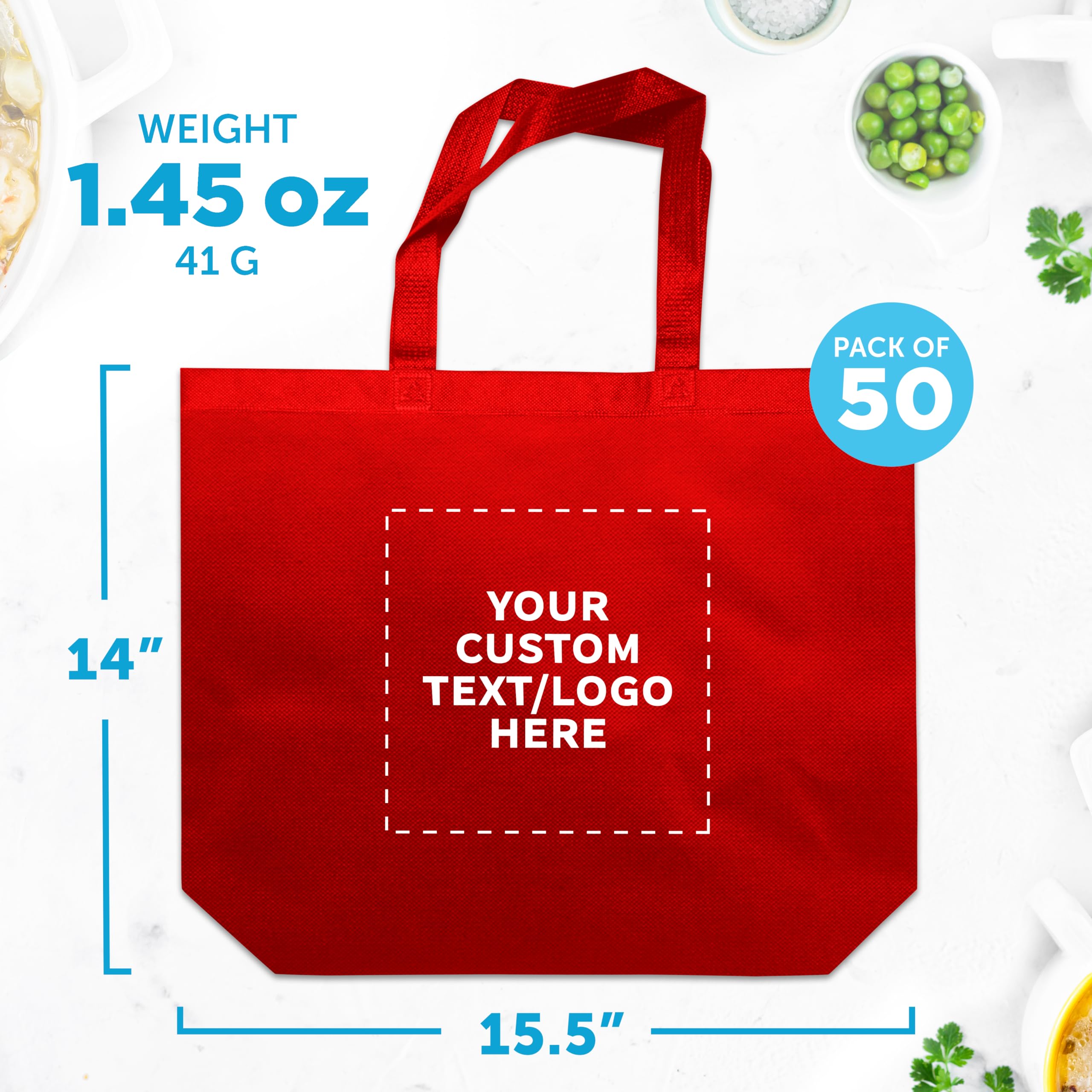 Custom Jumbo Reusable Tote Bags - Bulk Pack of 50 Personalized Grocery & Shopping Bags - Eco-Friendly Promotional Gift for Women (Red) - Perfect for Retail Stores, Events, and Brand Giveaways