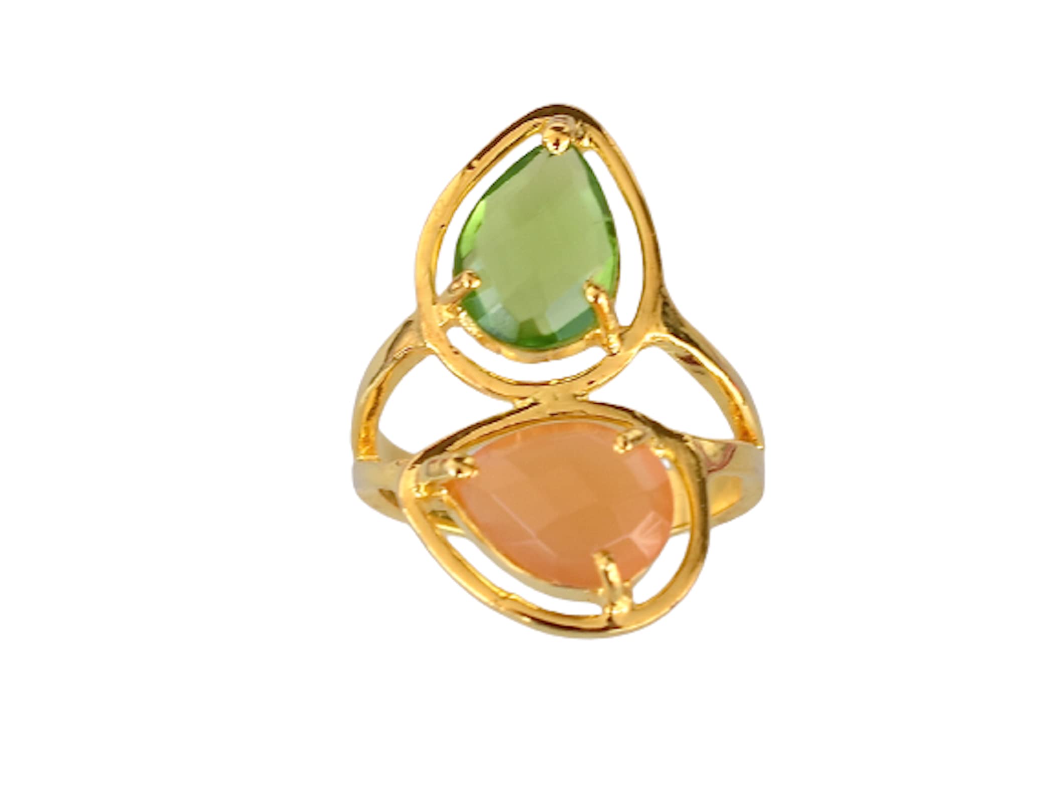 Veracity Jewelry 18K Gold Plated Peridot & Peach Moonstone Ring for Women - Handmade Multi Gemstone Ring - Elegant Gift for Girlfriend, Mother, Wife - Perfect for Weddings, Anniversaries & Special Occasions
