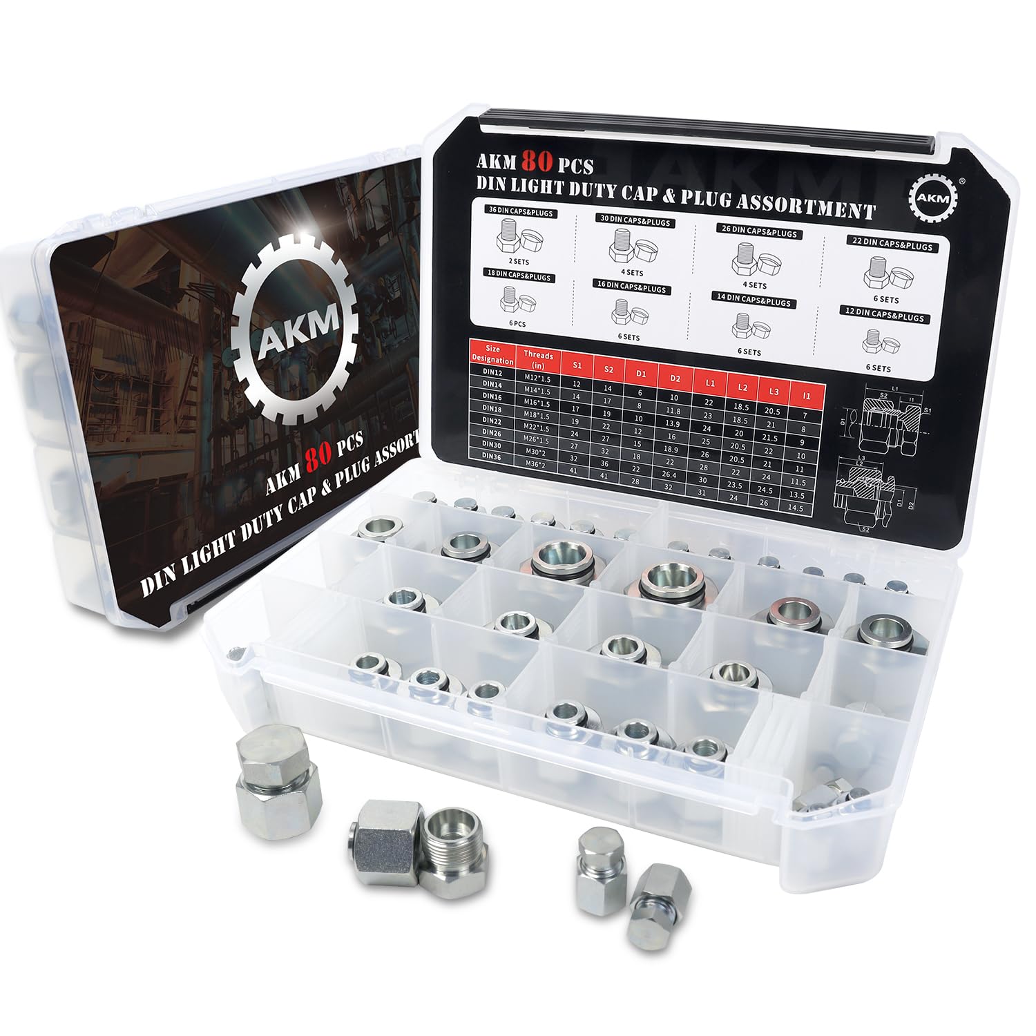 80 Pcs DIN Light Duty Cap & Plug Assortment Kit - Galvanized Steel Hydraulic Adapter Fittings with Precision Threading (Dash Sizes 12-36) - Ideal for Hydraulic Systems, Machinery Protection & Industrial Applications