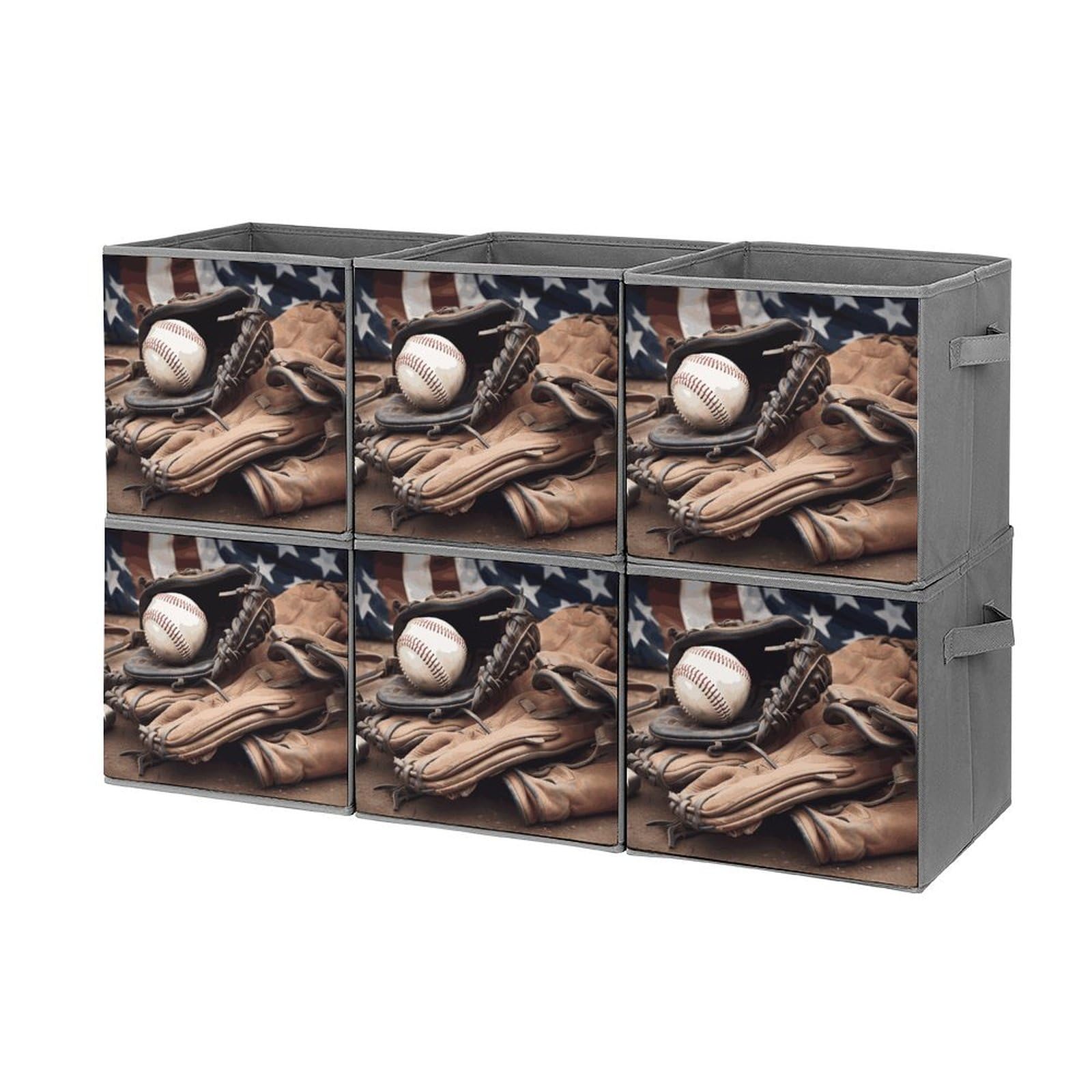 6-Pack Collapsible Storage Bins for Baseball Equipment - Printed Foldable Organizer Baskets with Handles - Multi-Purpose Storage Boxes for Shelves, Closet, Garage & Home Organization (Perfect for Sports Gear, Toys & Household Items)