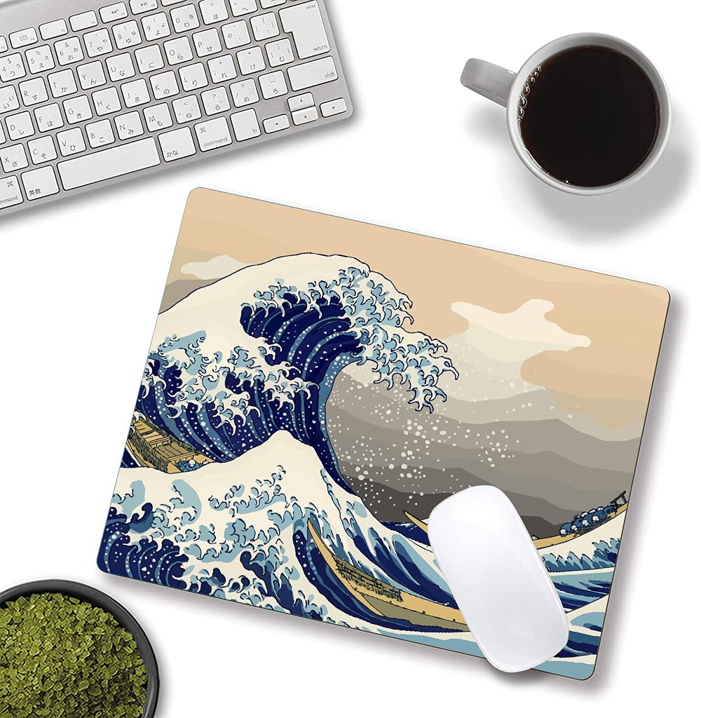 Japanese Wave Design Mouse Pad - Non-Slip Rubber Base, Waterproof Office Desk Mat for Laptop & Computer (9.5