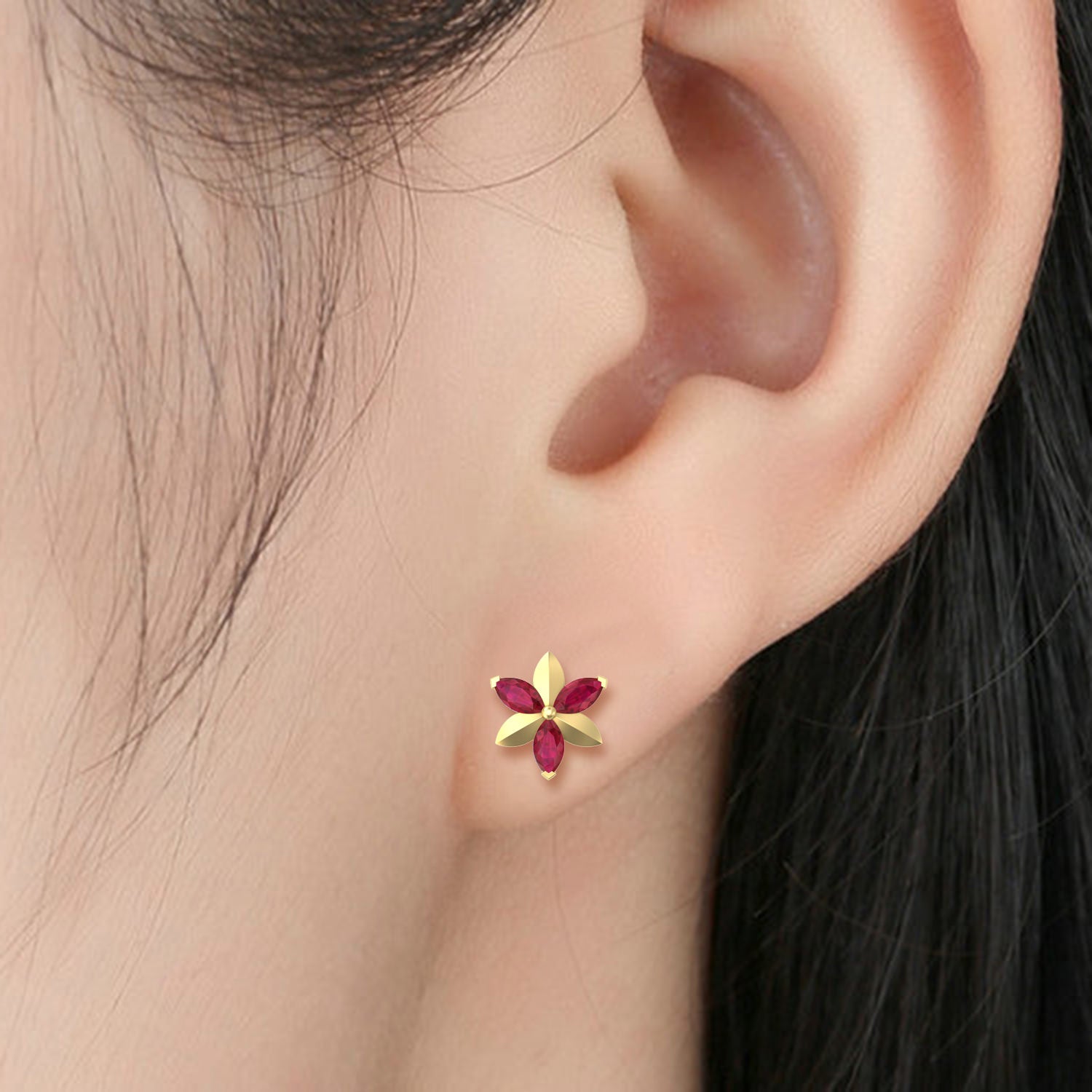 Marquise Ruby Gemstone Daisy Stud Earrings in 14K Yellow Gold – Elegant Jewelry for Women, Perfect for Weddings, Parties & Special Occasions