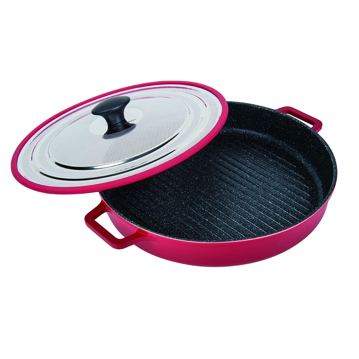Non-Stick Stovetop Oven Grill Pan with Steam Venting Lid - 12 Inch Red Skillet for Grilling, Searing & Roasting - Perfect for Steaks, Burgers & Vegetables - Oven & Stovetop Safe Cookware