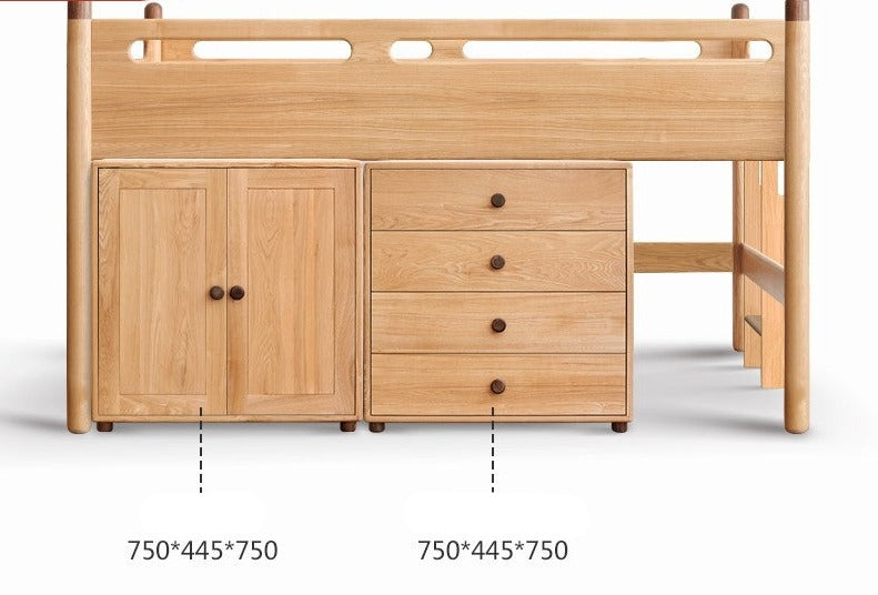 Solid Oak Wood Mid-High Bed with Slanted Ladder - Sturdy Adult Loft Bed for Small Spaces, Dorm Rooms & Modern Apartments