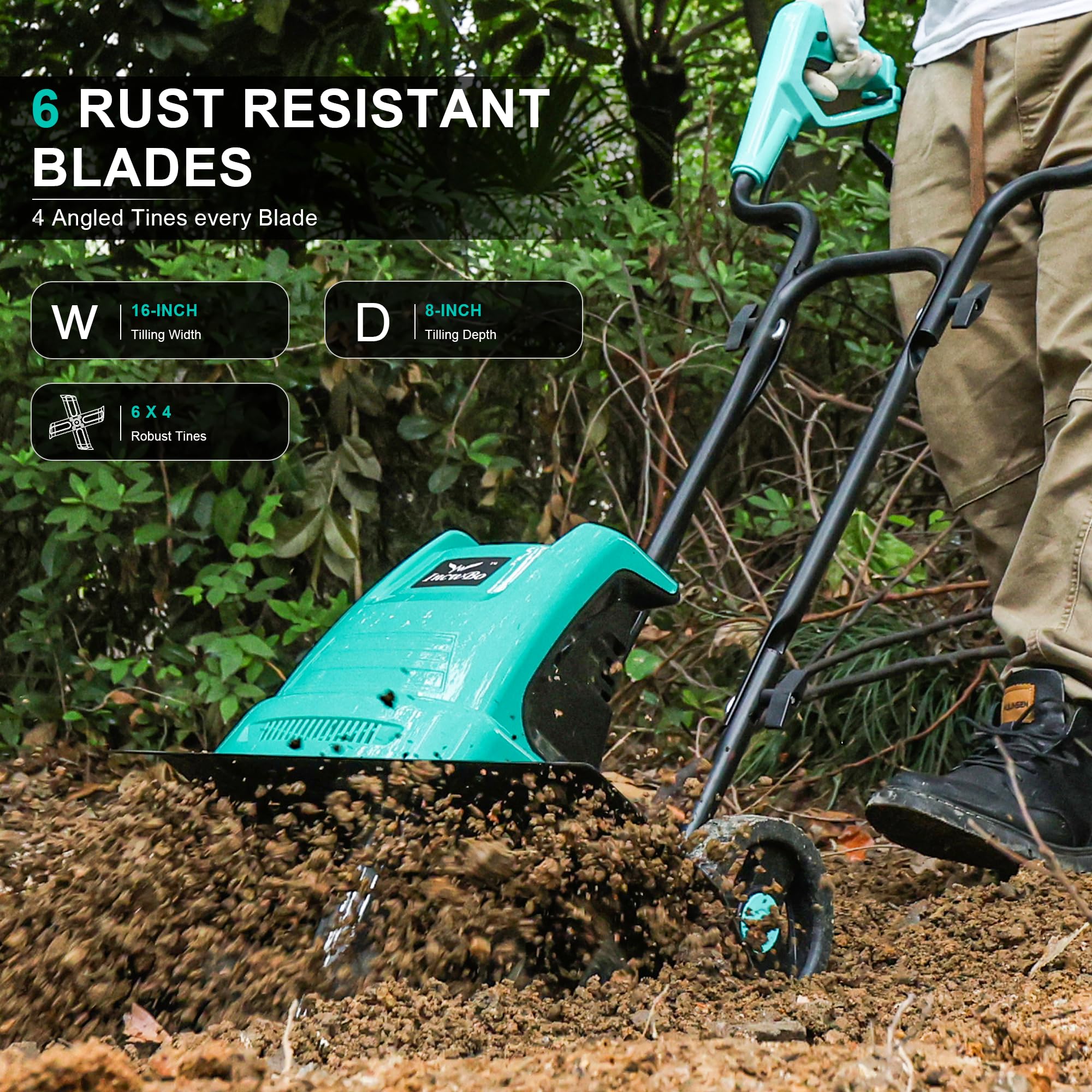 13.5AMP Electric Rototiller - Corded Garden Tiller & Cultivator with 8-Inch Depth & 16-Inch Width for Efficient Soil Tilling - Perfect for Home Gardens, Yards, and Landscaping Projects