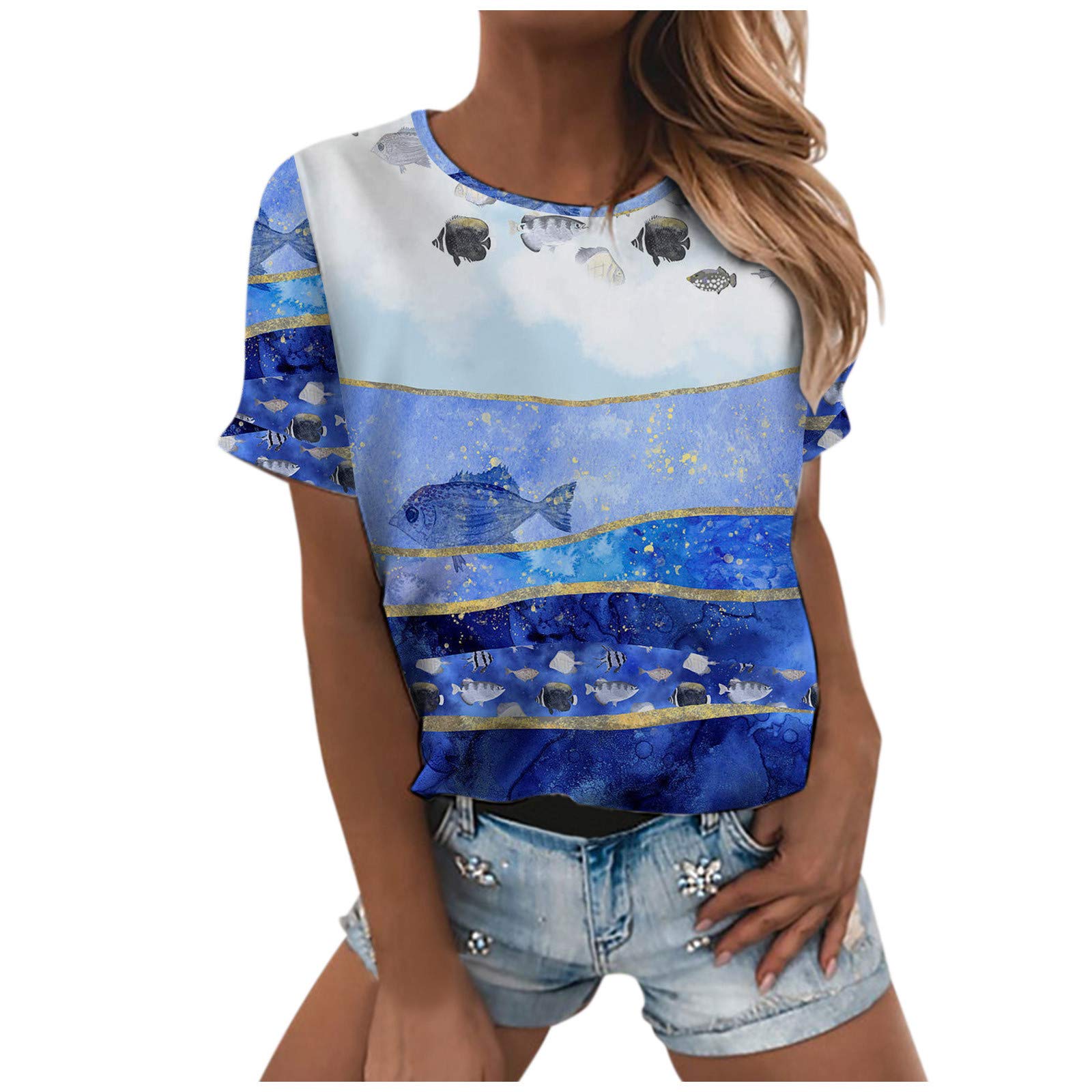 Women's Casual Summer Tops - Loose Round Neck Short Sleeve Printed Blouse T-Shirt for Beach, Vacation & Everyday Wear