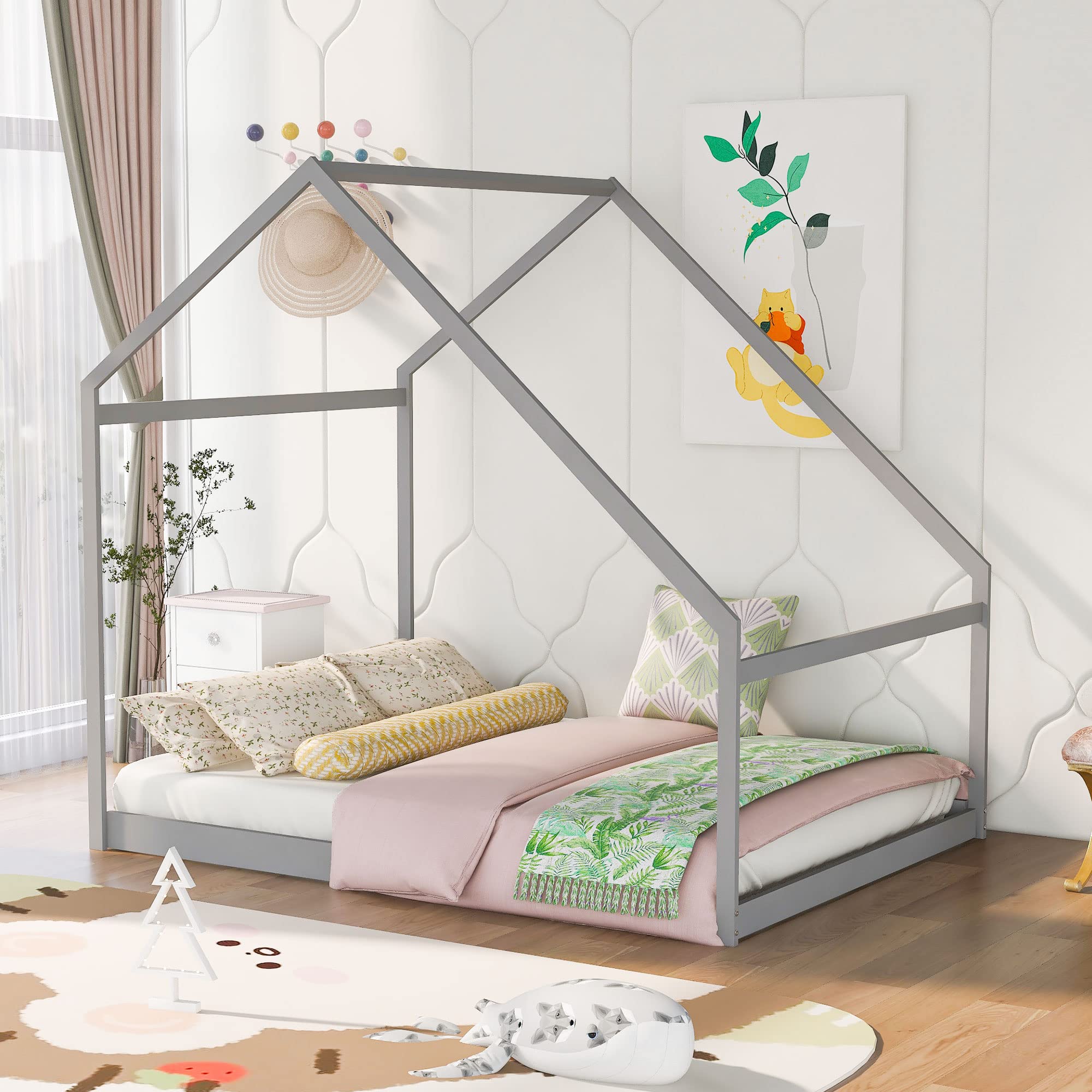Merax Full Size Wooden House Bed with Roof - Grey Playhouse Bed for Kids' Bedroom, Nursery, or Playroom Decor