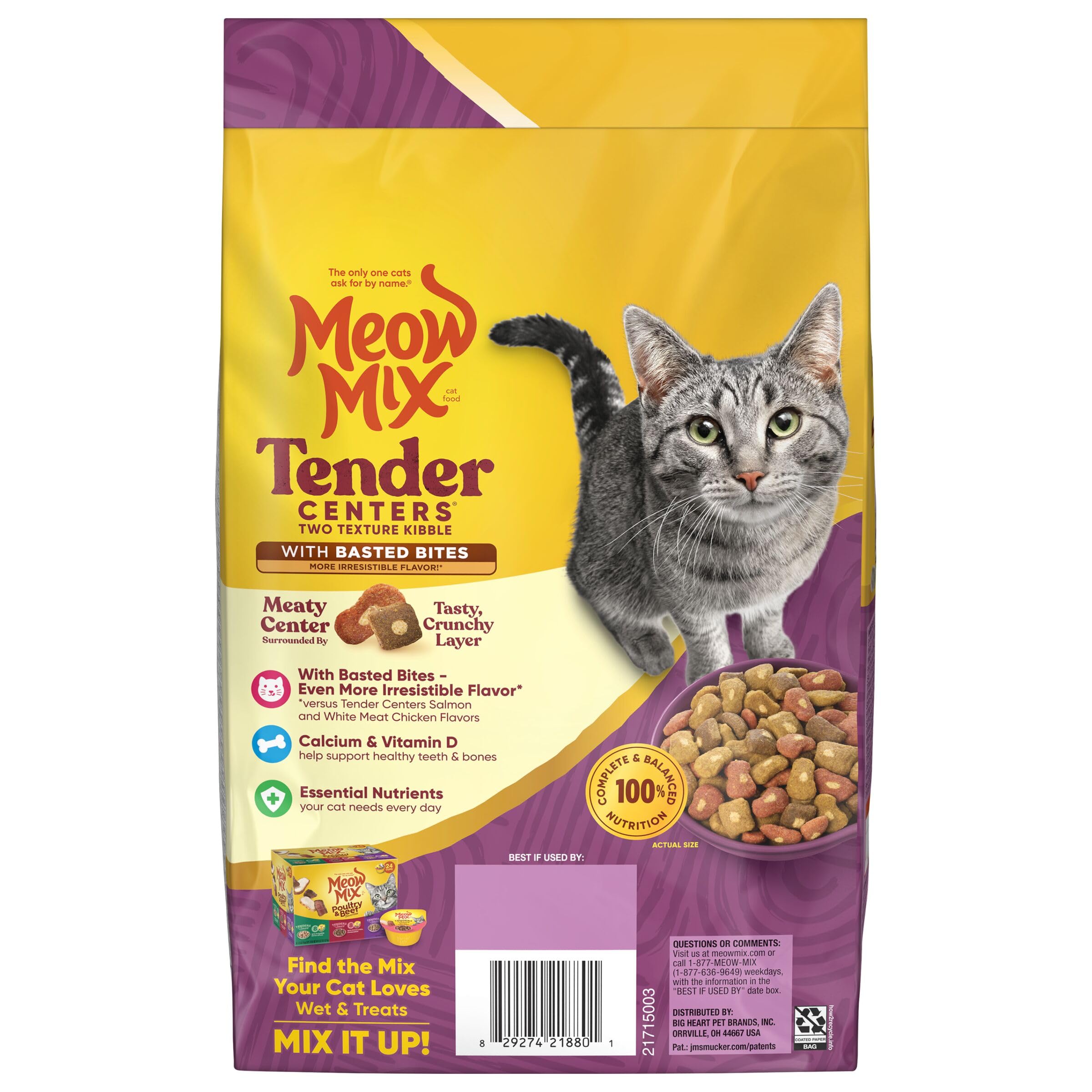 Meow Mix Tender Centers Basted Bites Chicken & Tuna Flavor Dry Cat Food - 3lb Bag, Crunchy Outside with Soft Meat Center - Perfect for Adult Cats & Kittens at Mealtime or as Treats