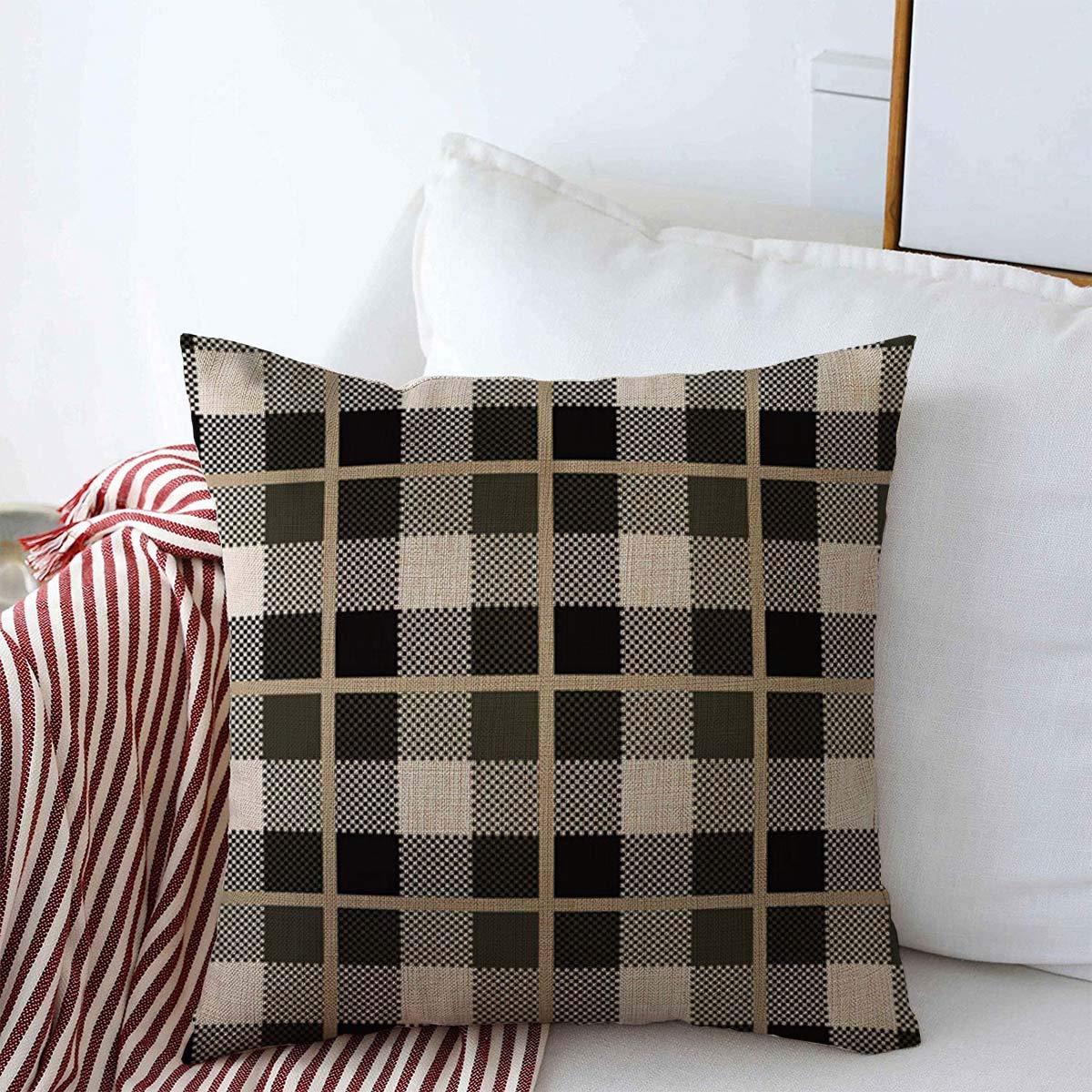 Premium Scottish Tartan Plaid Pillow Cover 16x16 Inches - Brown Green Wool Blend Throw Pillow Case with Abstract Black Britain Pattern | Cozy Farmhouse Decor for Winter, Living Room, Sofa & Bedroom