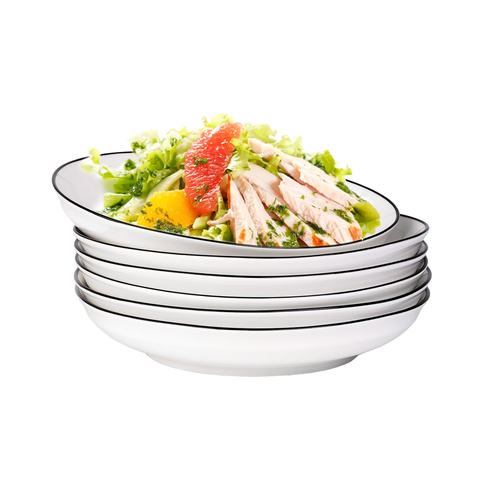 YOLIFE 20 oz Pasta and Salad Bowls Set of 6, 8 Inch White Porcelain Dinner Plates with Black Trim - Perfect for Pasta, Salad, Soup, and Family Dining