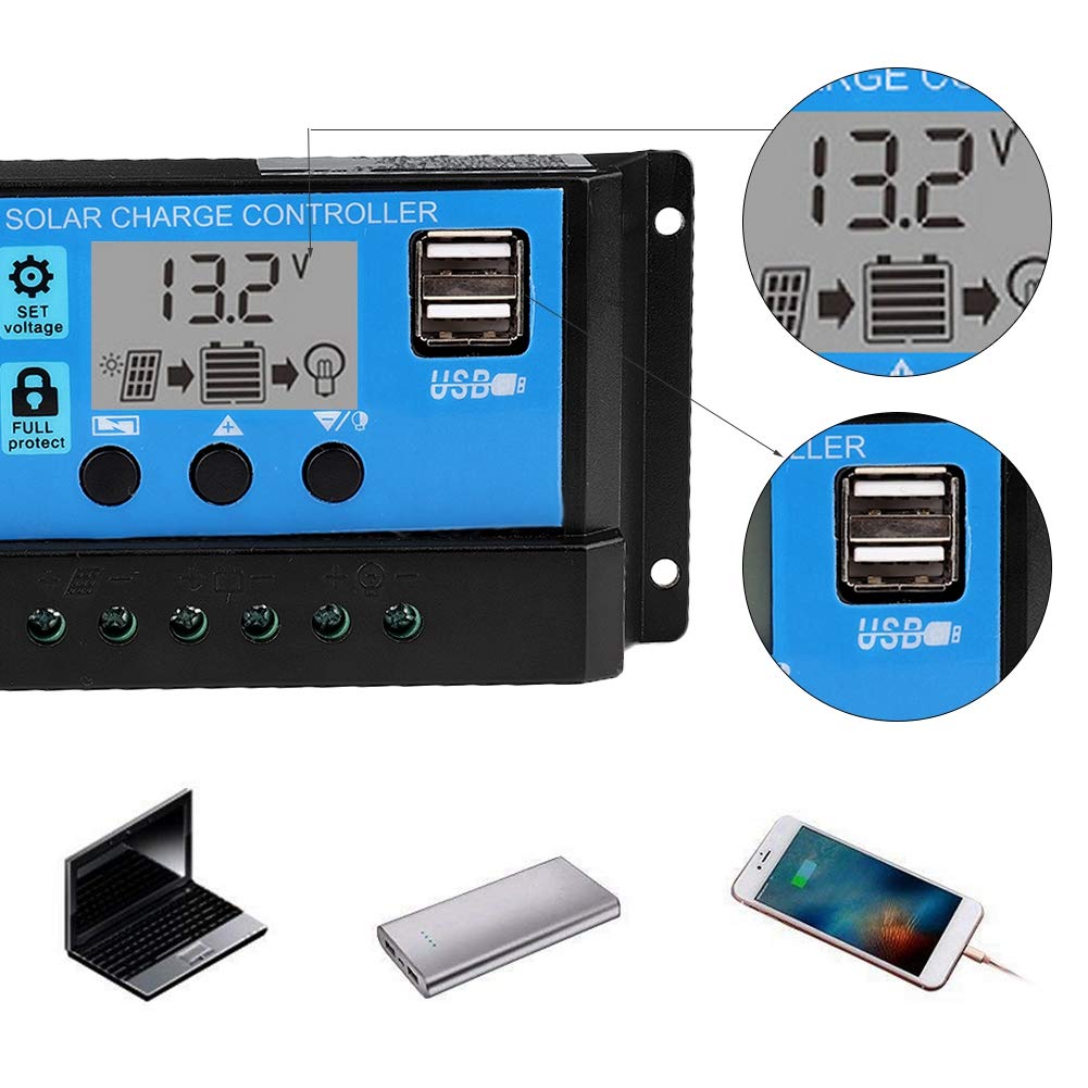 60A 12V/24V Solar Charge Controller with LCD Display & USB Port - Intelligent MPPT Regulator for RV, Boat, Off-Grid Solar Systems