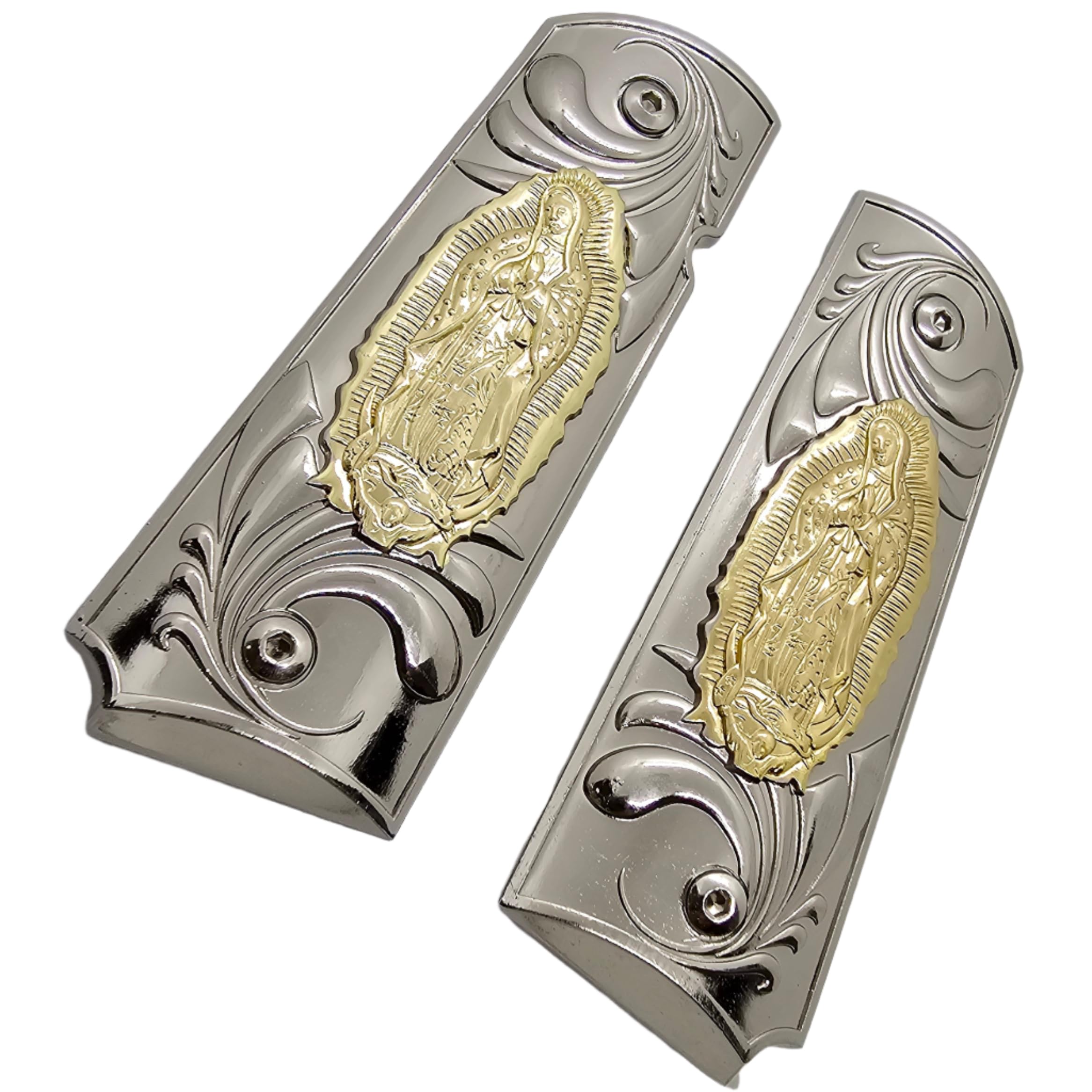 Virgin Mary Lady of Guadalupe Full-Size Grips - Nickel-Plated Ambi Safety Grips for Colt, Kimber, Rock Island & Clones | Perfect for Pistol Customization & Religious Protection