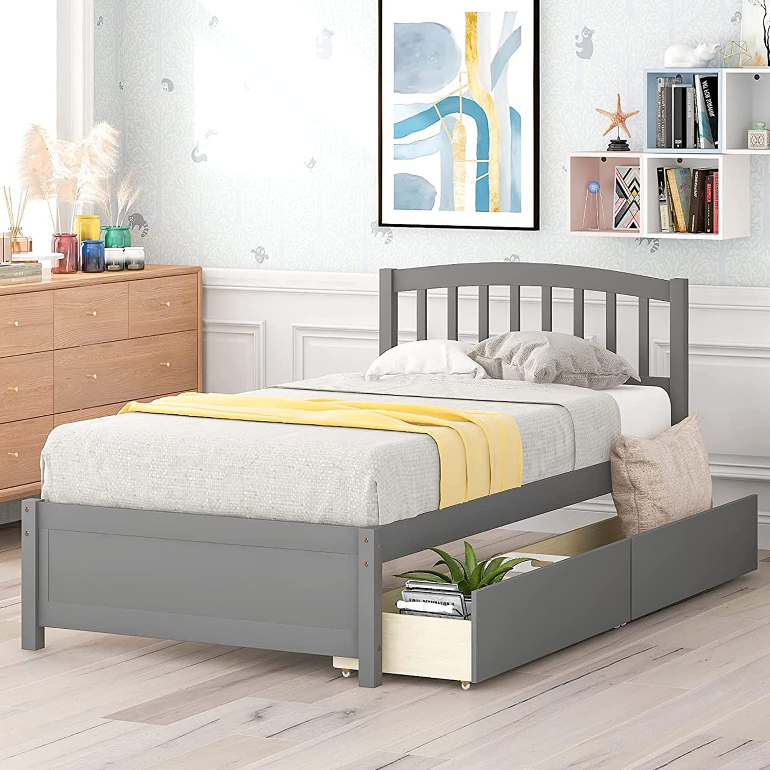 Harper & Bright Designs Twin Storage Bed Frame with 2 Drawers & Headboard - Solid Wood Platform Bed for Kids & Teens, Grey - Perfect for Small Bedrooms & Dorm Rooms
