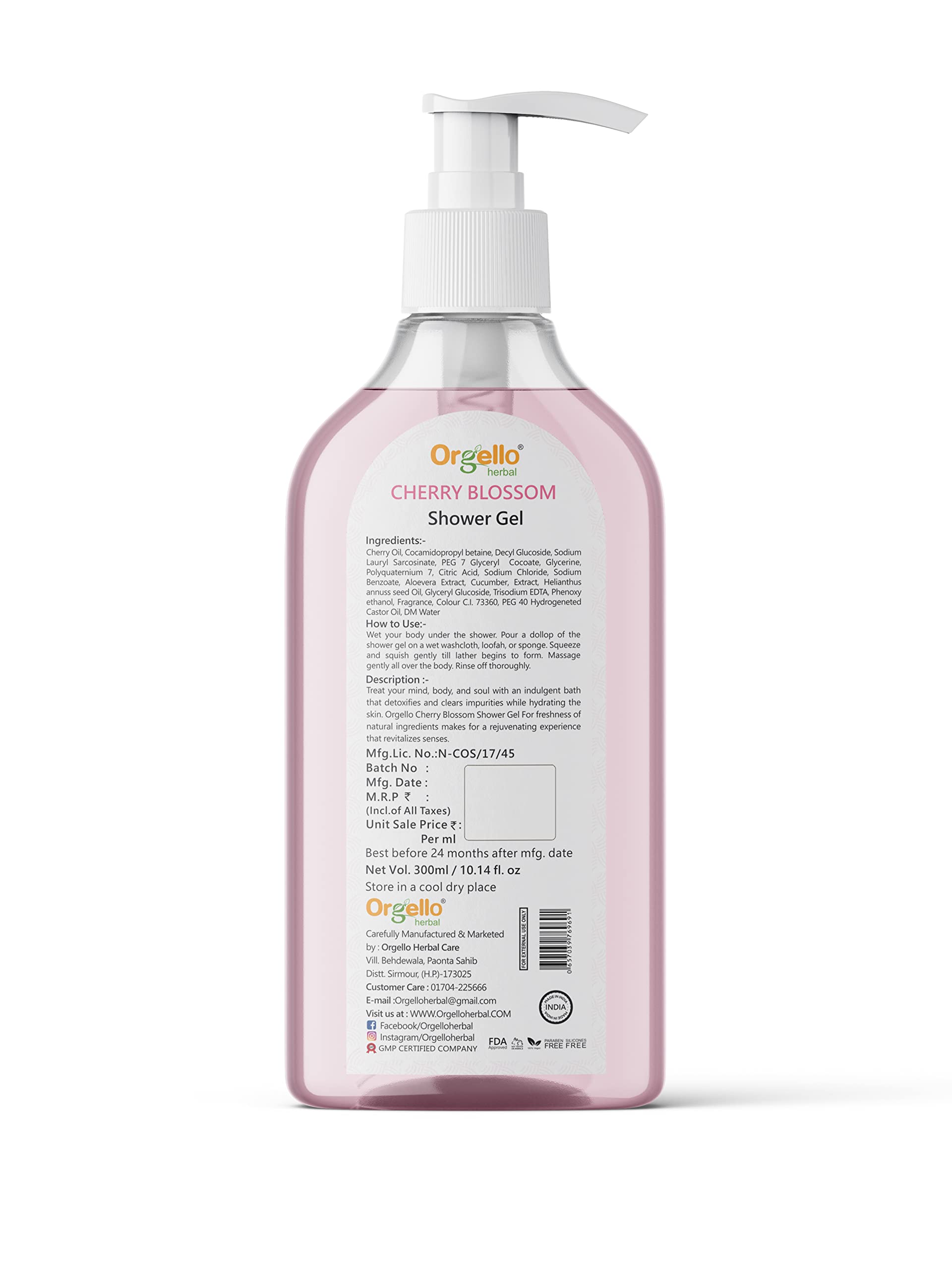 Orgello Cherry Blossom Shower Gel for All Skin Types - Hydrating & Moisturizing Body Wash, Paraben & Silicone Free, 300ml - Perfect for Daily Shower & Spa Relaxation at Home