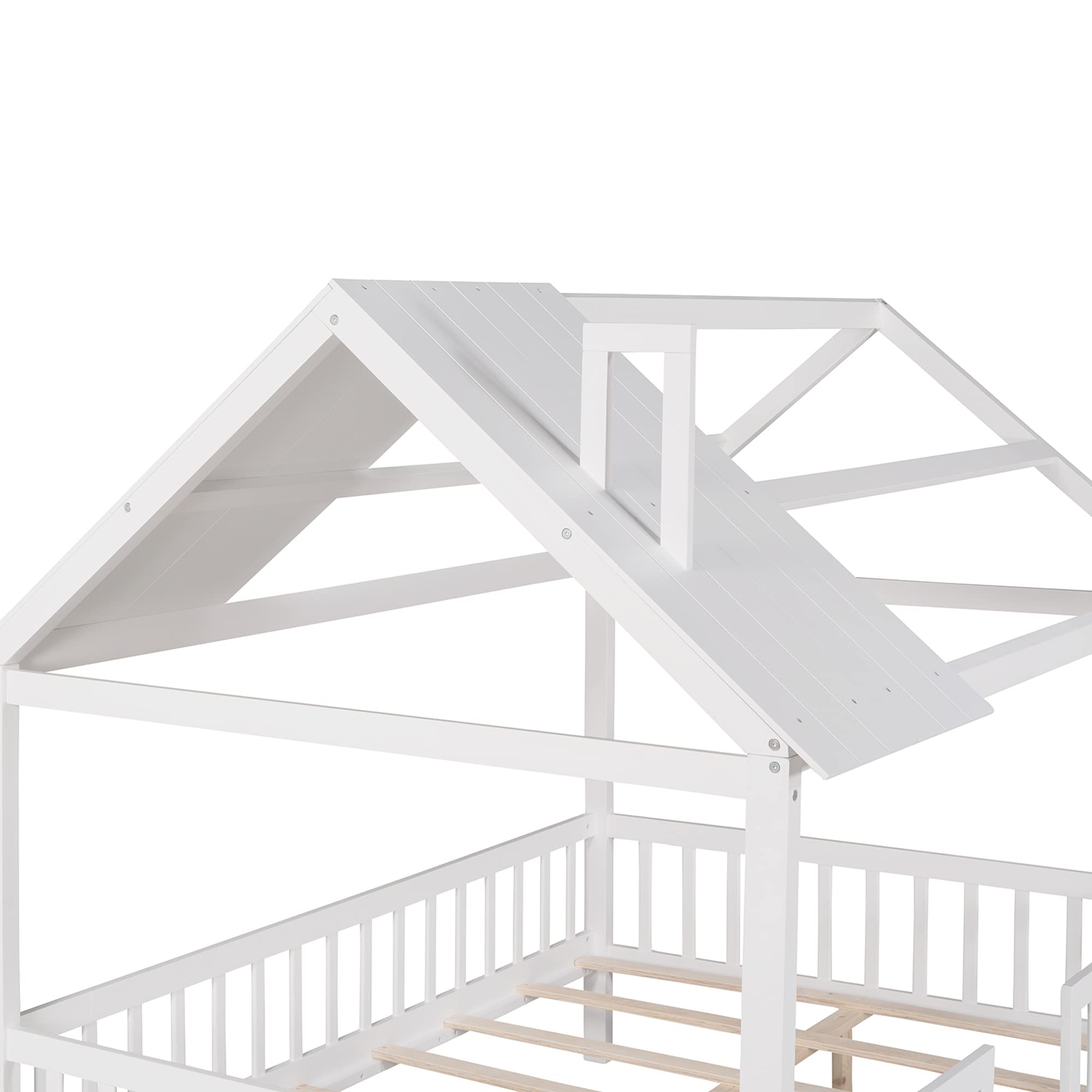 **MERITLINE Full Size Montessori Playhouse Bed - Solid Wood Platform Bed Frame with Fence & Roof for Kids, Teens & Adults - White - Perfect for Playrooms, Bedrooms & Montessori Learning Spaces**