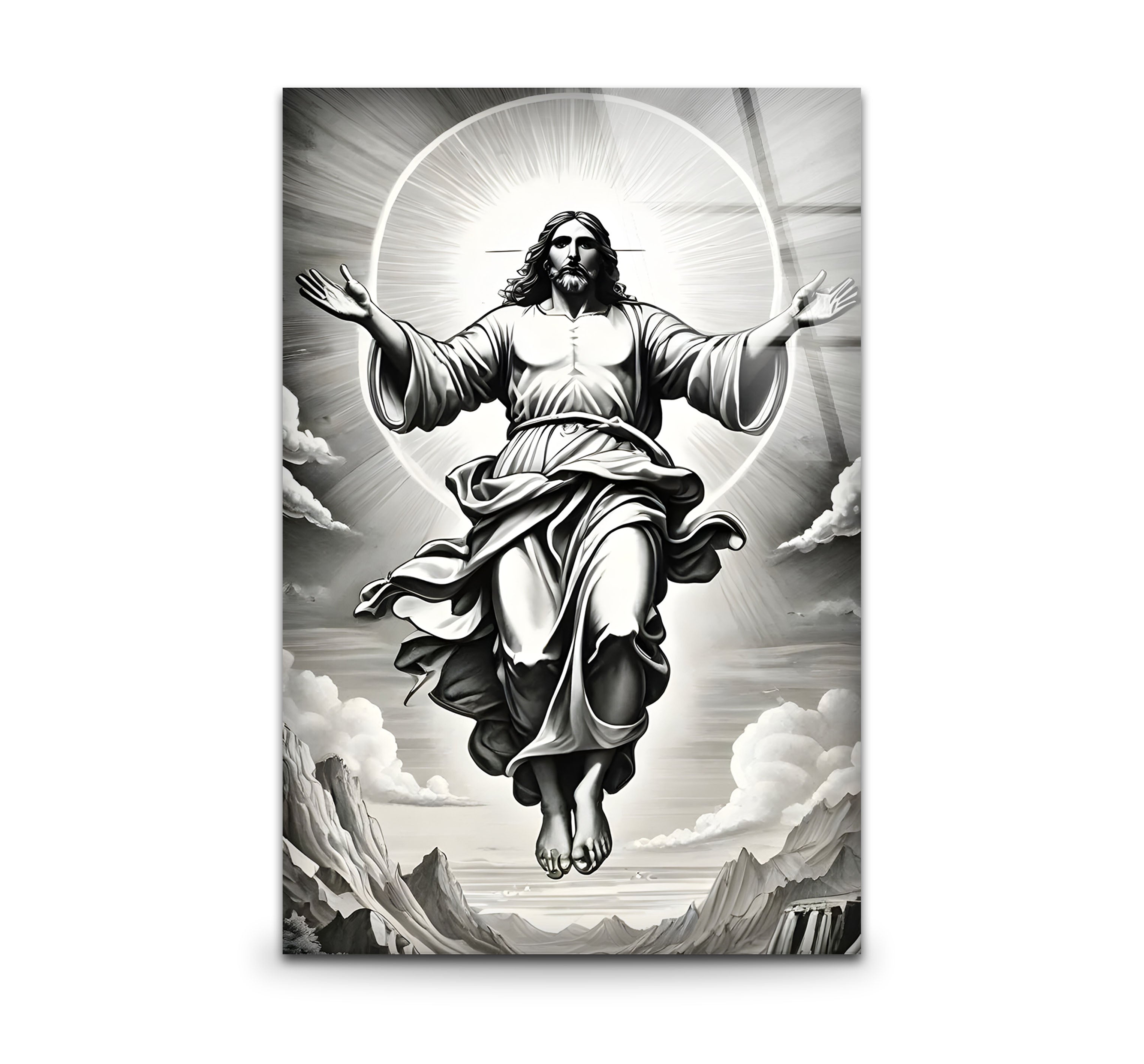 Black and White Jesus Christ Glass Wall Art - Religious Home Decor for Living Room, Bedroom & Church