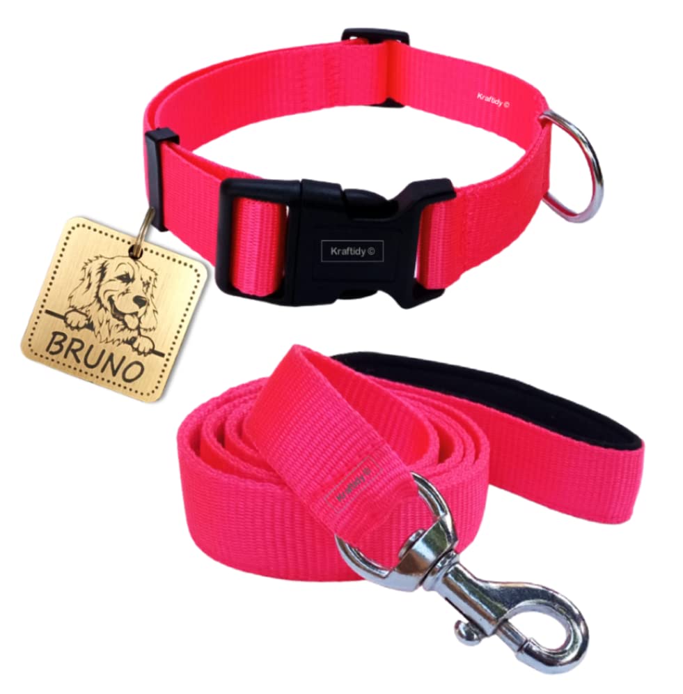 Custom Personalized Dog Collar & Leash Set with Name Tag - Adjustable for Small, Medium & Large Dogs - Durable Nylon Belt & Rope Leash (Hot Pink, Medium) - Perfect for Walks, Training & Pet Identification
