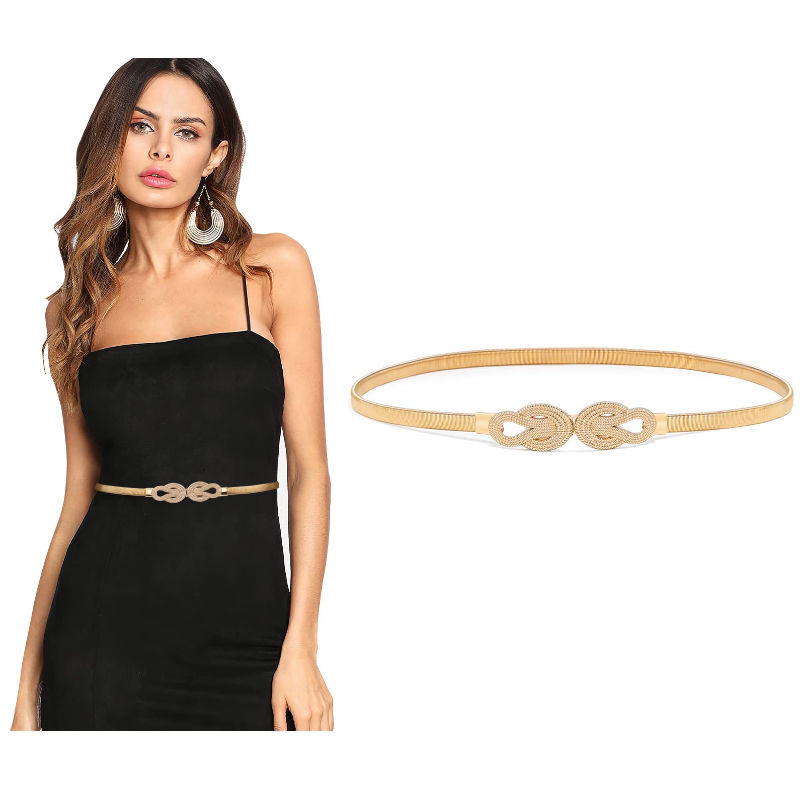 LEACOOLKEY Women's Gold Metal Skinny Belt - Stretch Elastic Thin Waist Belt for Dresses, Jeans & Skirts | Perfect for Formal Events, Office Wear & Evening Outfits