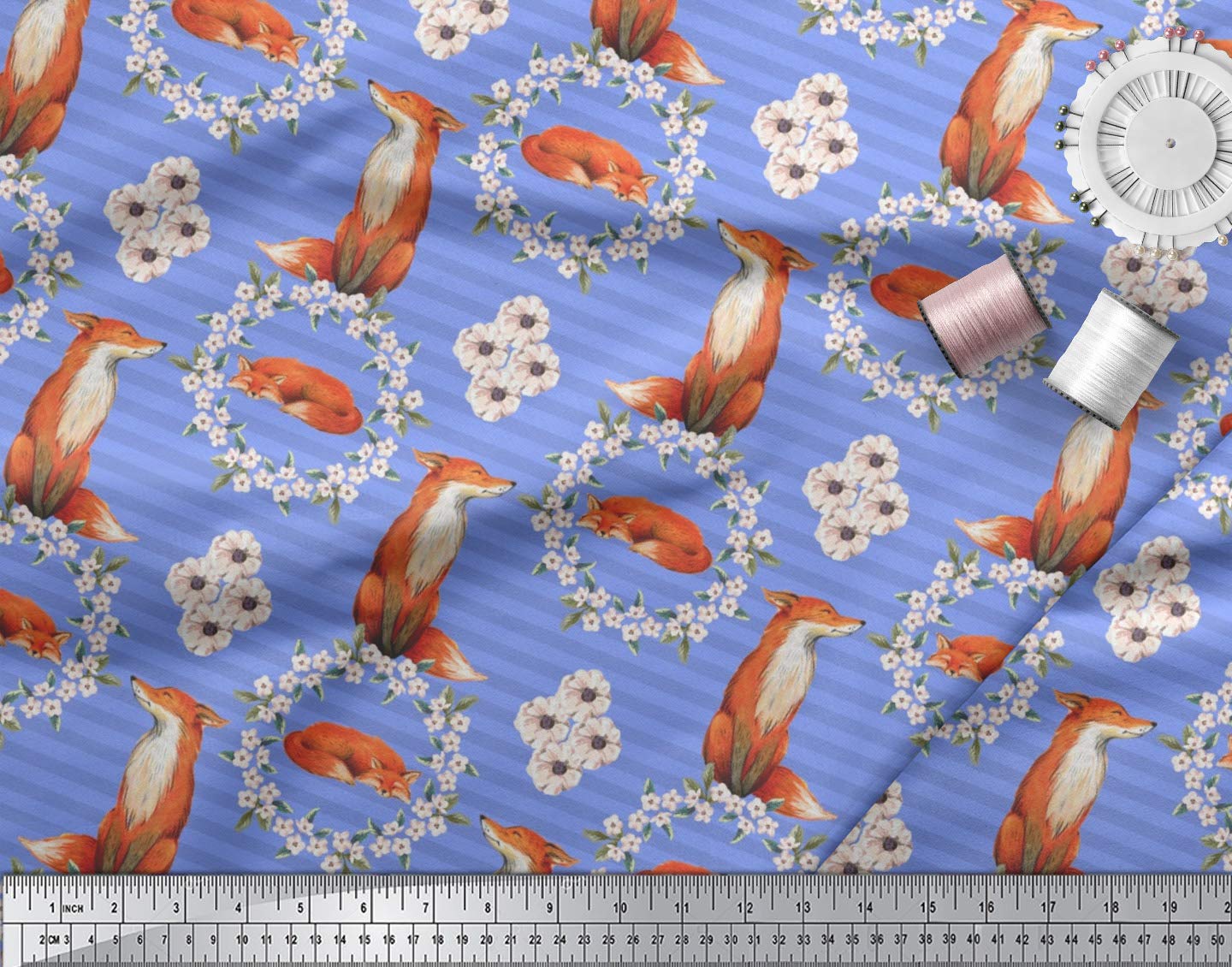 Soimoi Japanese Crepe Fabric - 42 Inch Wide Blue Floral Wreath & Fox Stripe Print - Whimsical Fox Accents - Perfect for DIY Dresses, Curtains, and Home Decor Projects