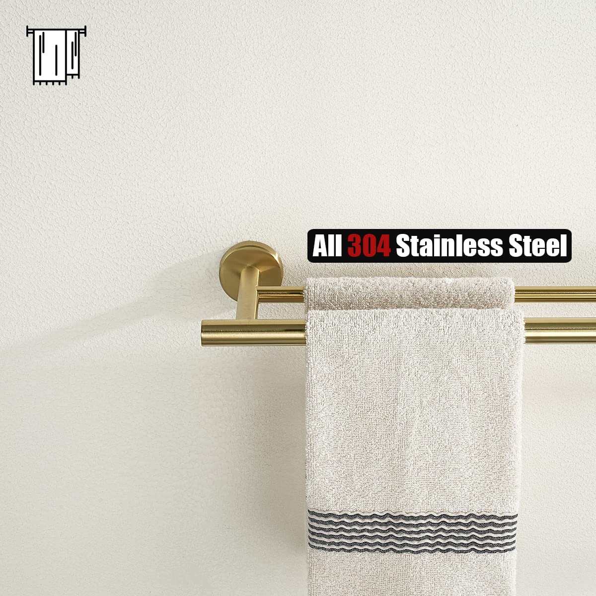24 Inch Brass Gold Bath Towel Rack - JQK Double Towel Bar for Bathroom, 304 Stainless Steel Thickened 0.8mm Wall Mount Towel Holder in Brushed Gold (27.16 Inch Total Length, Model TB100L24-BG) - Perfect for Spa, Hotel, and Home Bathroom Decor