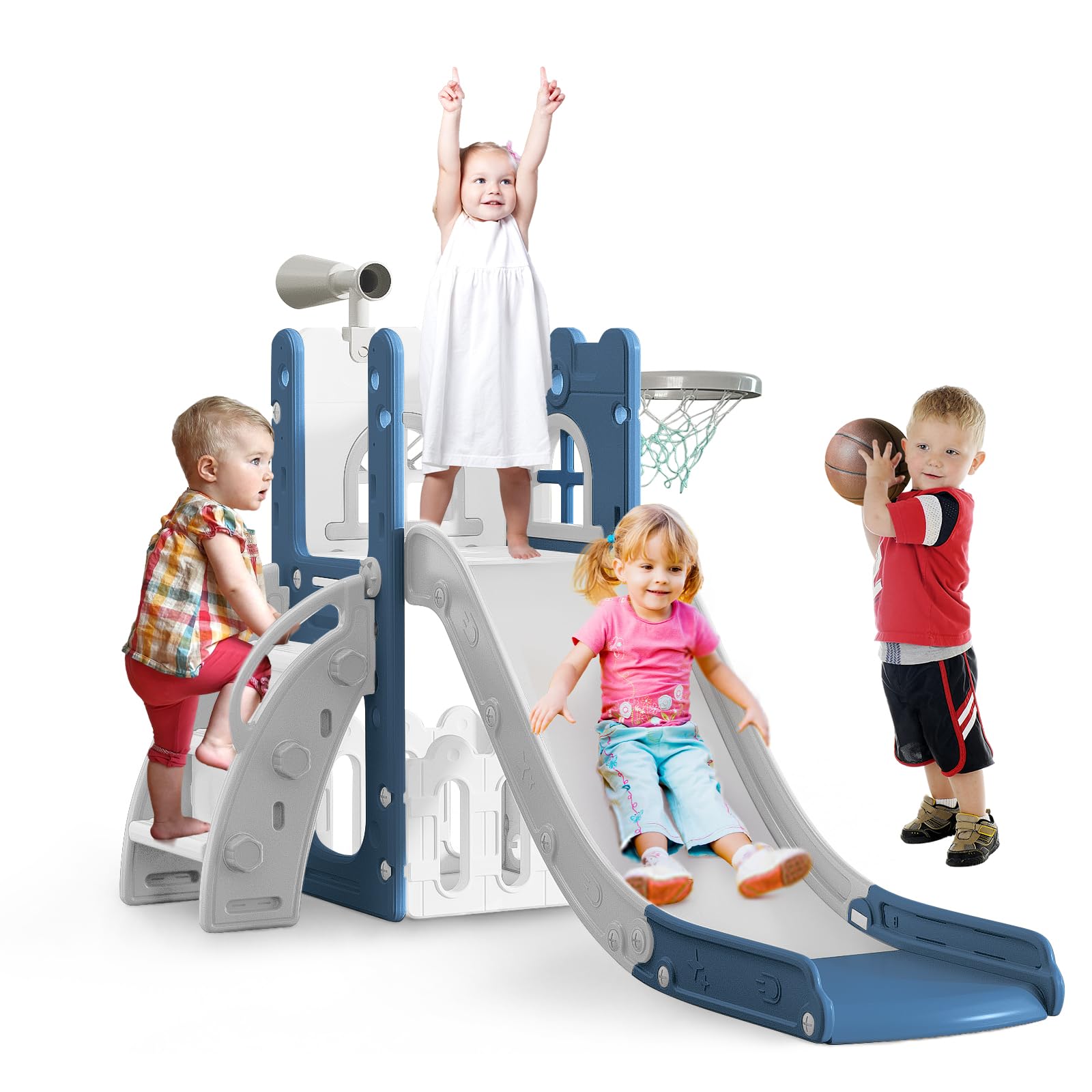 Upgraded Toddler Slide with Climber, Basketball Hoop, Storage & Telescope - Indoor/Outdoor Playground for Kids with Wider Slideway | Perfect for Backyard, Playroom & Daycare Activities